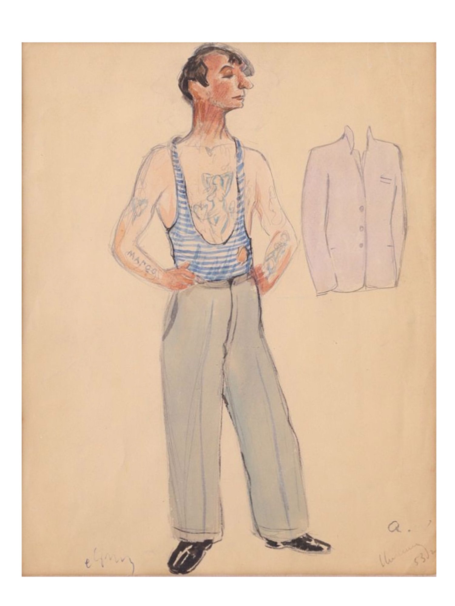 NIKOLAI PETROVICH AKIMOV (1901–1968), COSTUME DESIGN FOR THE CHARACTER "VORA", 1953: A spirited theatrical costume sketch depicting the character “Vora” in a striped undershirt and trousers, with tattoos indicated on the torso, and the formal jacket sketched to the right. Exec