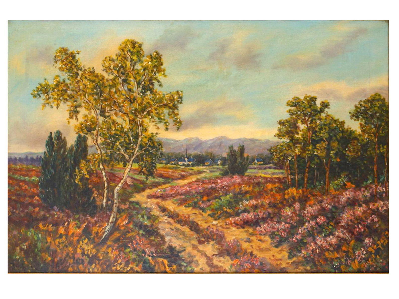 A LANDSCAPE WITH A BIRCH TREE AND WILDFLOWERS, ATTRIBUTED TO YULY KLEVER (RUSSIAN, 1850–1924): A richly colored and atmospheric landscape typical of the Baltic-Russian romantic tradition associated with Klever and his followers. The composition and palette reflect the influence of the Klever wo