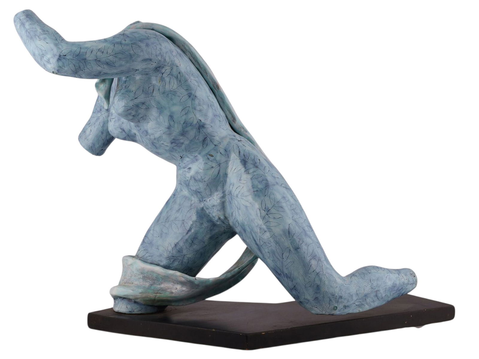 AN ITALIAN DE ROSA CERAMIC FEMALE NUDE SCULPTURE, CIRCA 1950S: Hand-modeled ceramic sculpture depicting a stylized kneeling female nude with pronounced modernist proportions and dynamic, contorted pose characteristic of post-war Italian figurative ceramics. The f