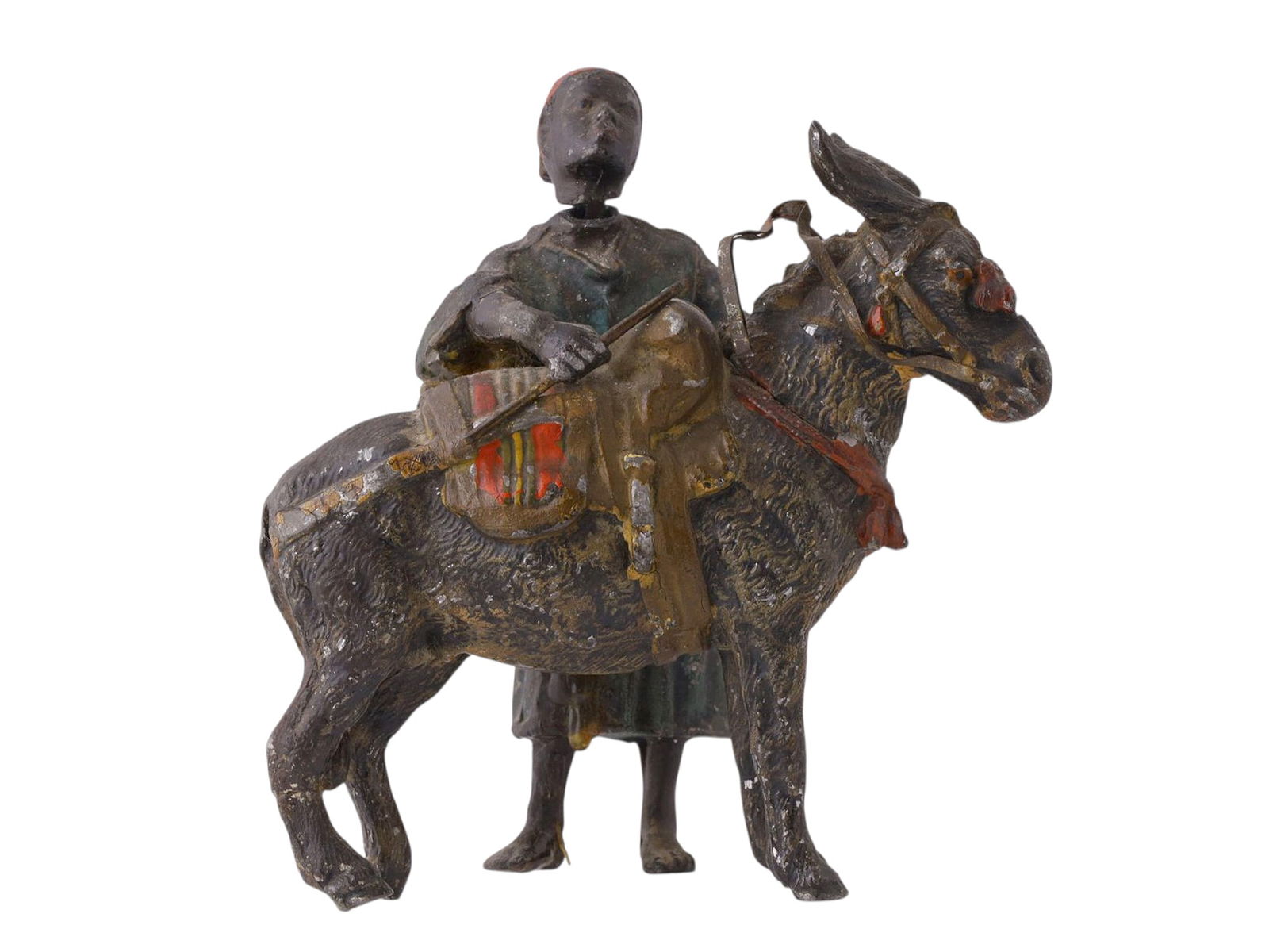 A METAL HAND-PAINTED FIGURE OF A DONKEY AND A BOY (1 of 3)