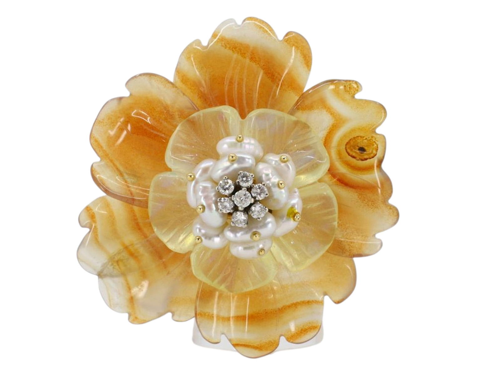 A SILVER AND AGATE FLOWER RING WITH DIAMONDS AND GOLD: A modern silver ring as a blooming flower, with its petals made of delicately carved, orange striped agate and its center set with layered pearls topped with small gold balls surrounding a cluster of
