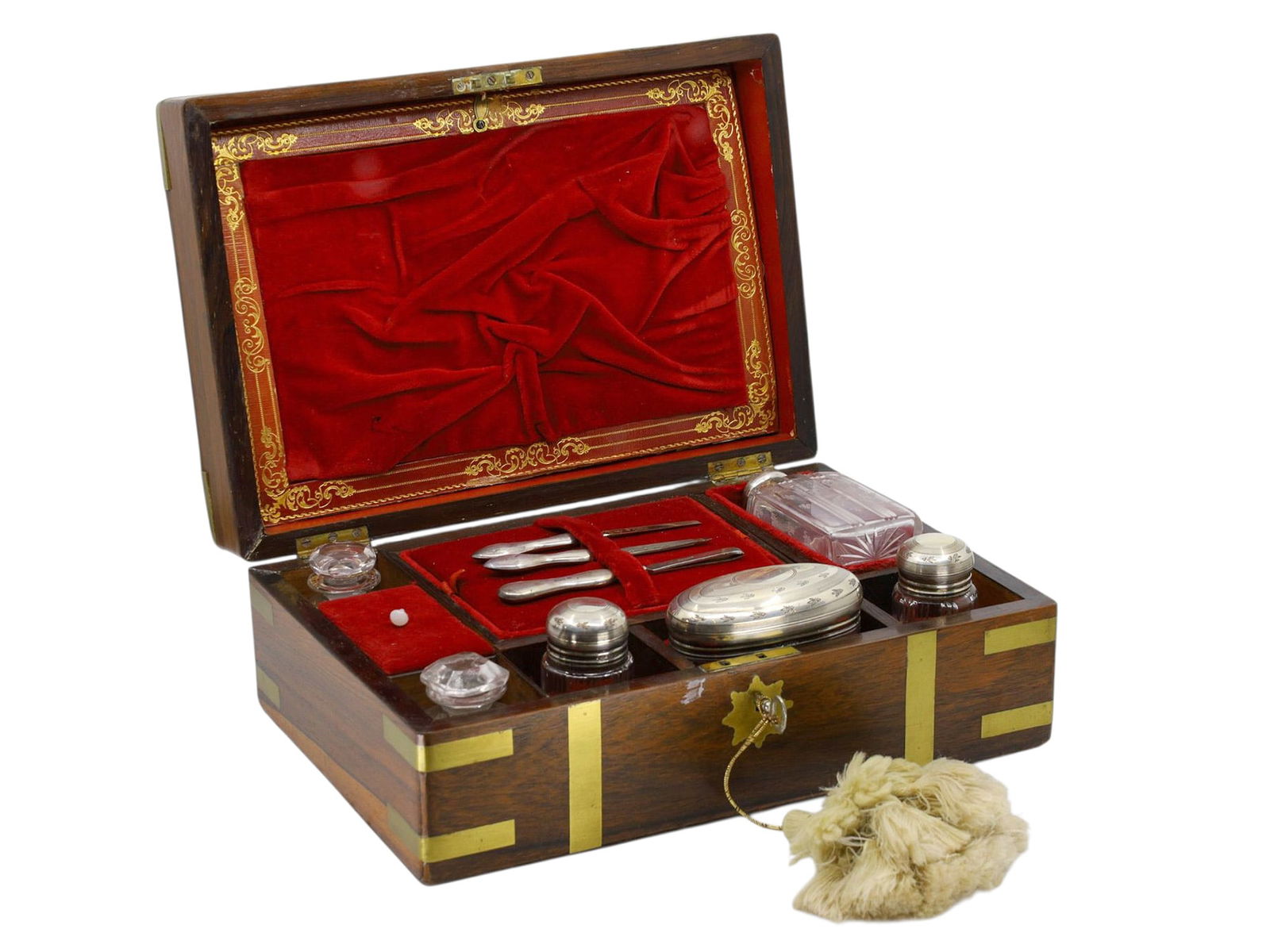AN ENGLISH SILVER & CRYSTAL TRAVELING TOILETRY SET, 1914 (1 of 14)