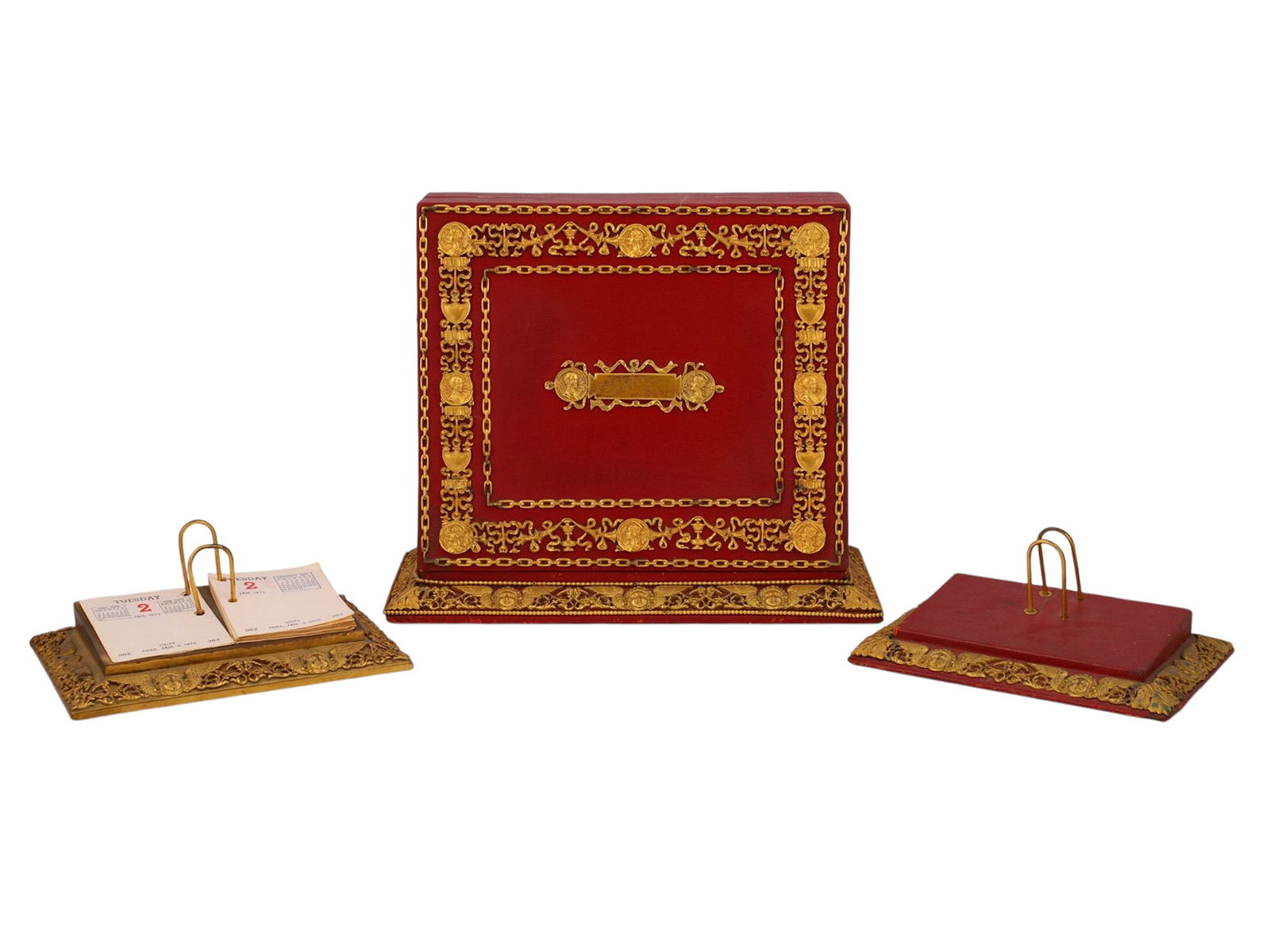 A GILT-BRONZE-MOUNTED LEATHER DESK SET, POSSIBLY LOEWE-WEIL, FRANCE, LATE 19TH TO EARLY 20TH CENTURY (1 of 10)