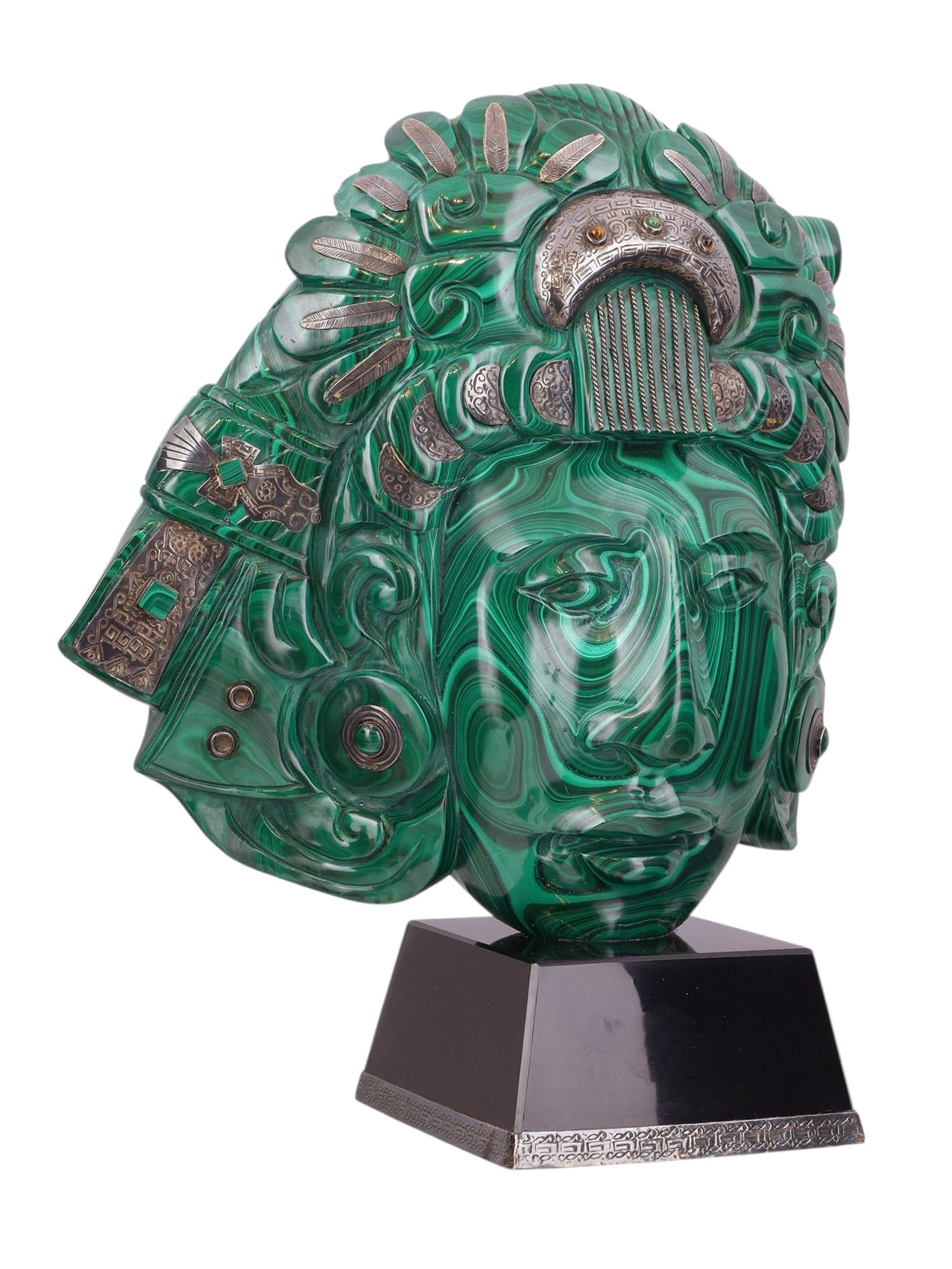 A LARGE MALACHITE MASK WITH SILVER-MOUNTED BLACK MARBLE BASE, 20TH CENTURY (1 of 5)