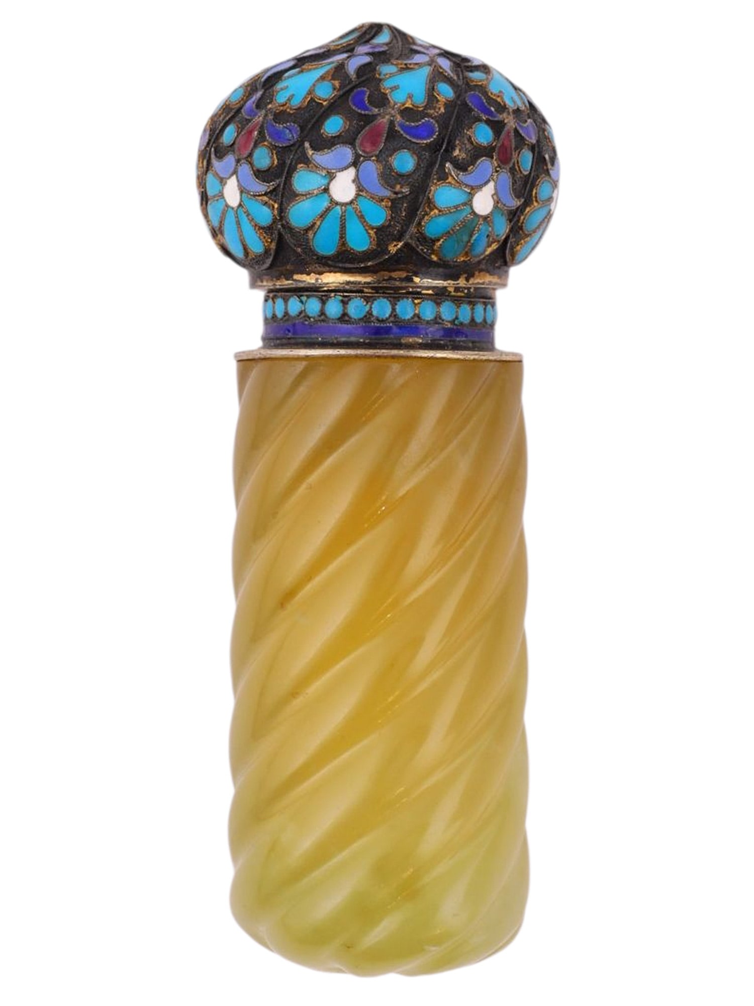 A RUSSIAN CARVED-JADE AND CLOISONNE ENAMEL SILVER PERFUME BOTTLE, CA. 1900 (1 of 6)