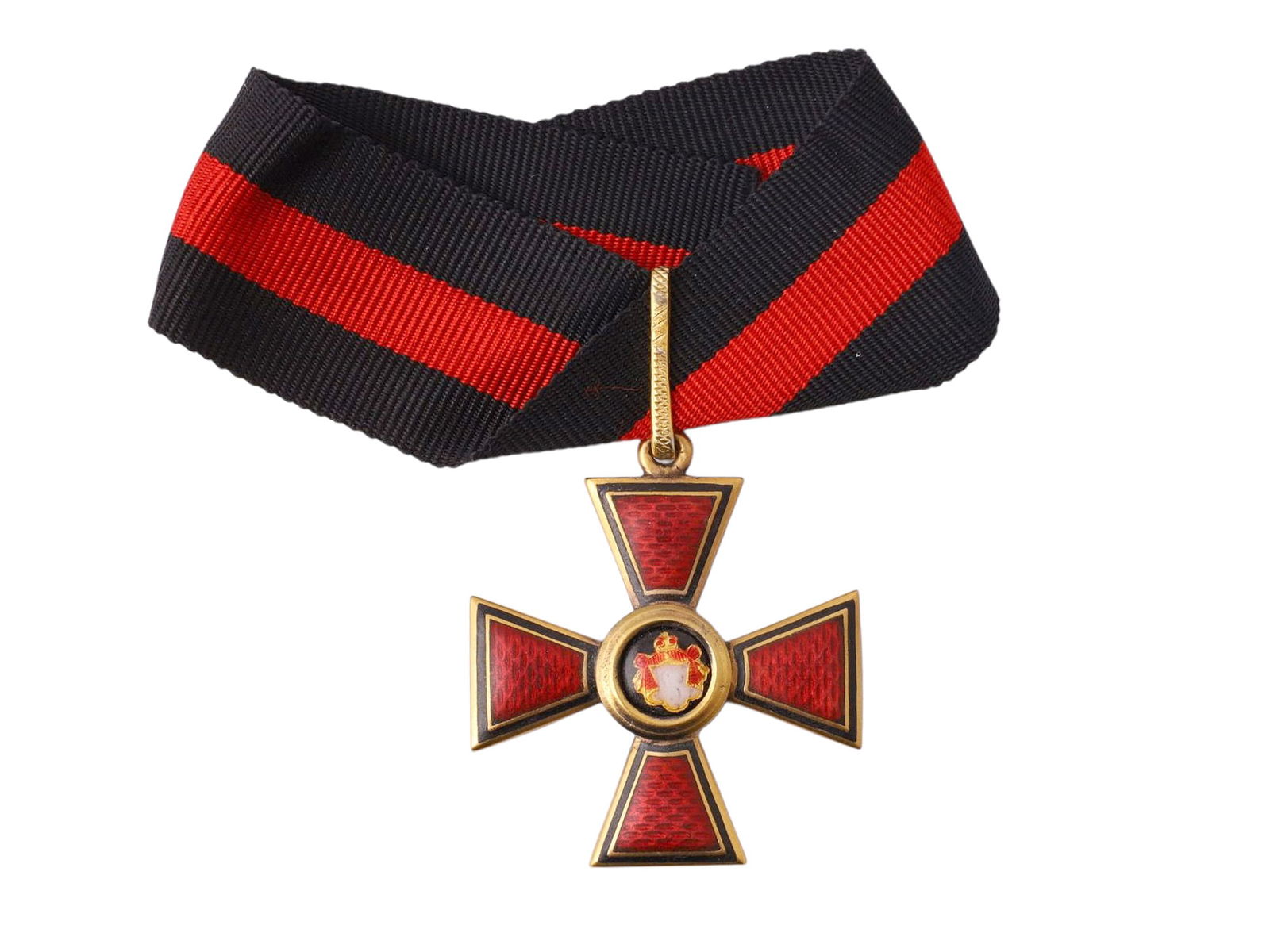 A RUSSIAN IMPERIAL ORDER OF ST. VLADIMIR, 3RD CLASS IN GILT-BRONZE: Maker: Dmitry Osipov for the Chapter of Orders, St. Petersburg, ca. 1916–1917. Bronze, gilding, and translucent red guilloché enamel. The cross with slightly flared arms is bordered in black enamel