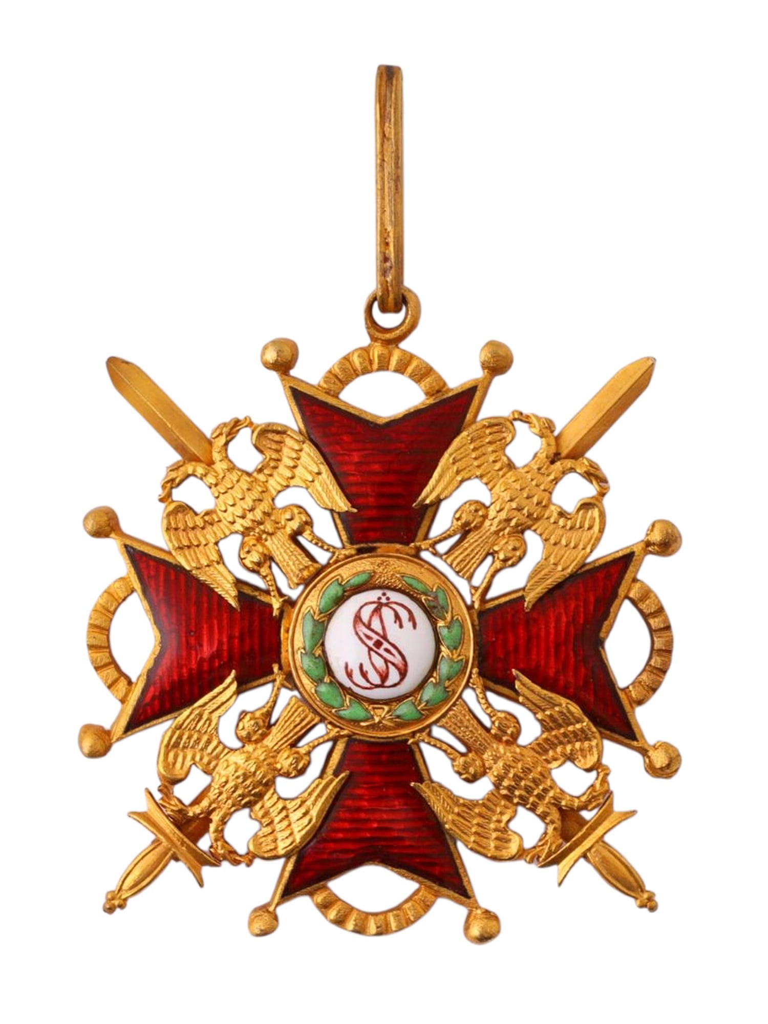 A RARE GILT-BRONZE AND ENAMEL ORDER OF ST. STANISLAUS, 2ND CLASS, WITH SWORDS, IMPERIAL RUSSIA: A finely executed example of the Imperial Russian Order of St. Stanislaus, 2nd Class, in gilt-bronze with translucent red enamel over a guilloché ground. The cross arms are interspaced with Imperial