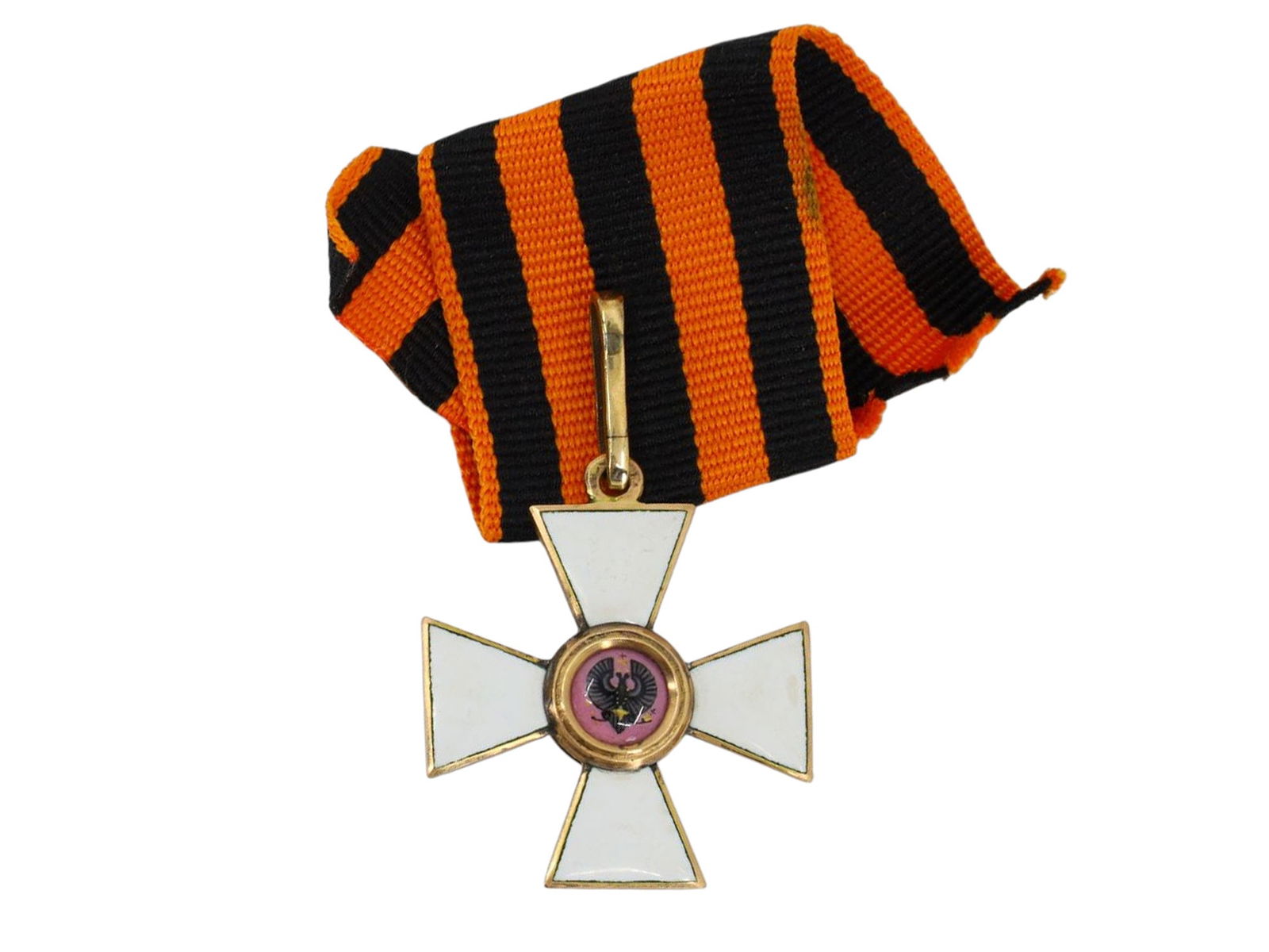 A RUSSIAN ORDER OF ST. GEORGE CROSS 4TH CLASS IN GOLD WITH RIBBON FOR NON-CHRISTIAN: A RUSSIAN IMPERIAL ORDER OF ST. GEORGE, 4TH CLASS CROSS, GOLD AND ENAMEL, NON-CHRISTIAN ISSUE, WITH RIBBON St. Petersburg or Moscow, circa 1870–1917. Of standard 4th class form, a gold Maltese cross