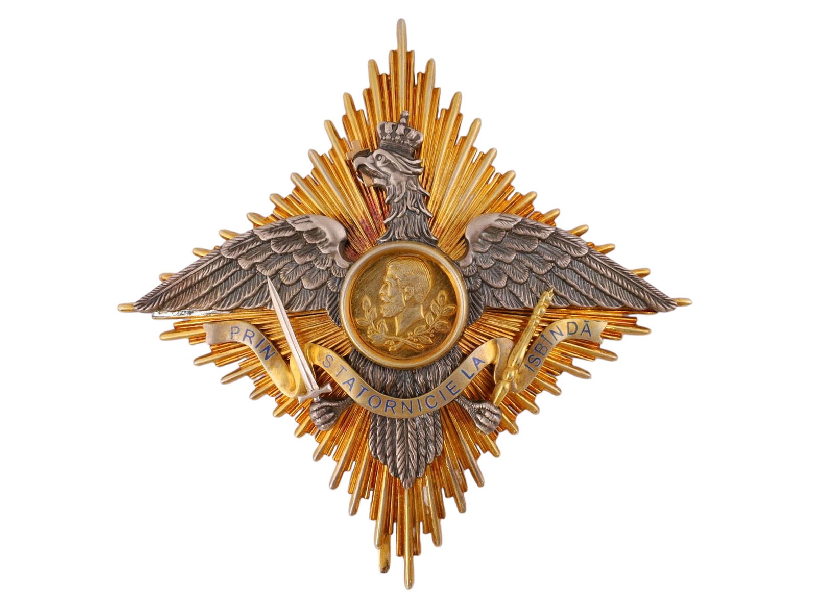 A ROMANIAN ORDER OF CAROL I, COMMANDER CLASS, CA. 1900: Romania. Order Of Carol 1 (1906). Grand Officer's Star, instituted in 1906. Breast Star, 83 mm, gilt Silver, hallmarked "800", maker's mark "Paul Telge - Berlin", with medium pin on reverse. Very rare