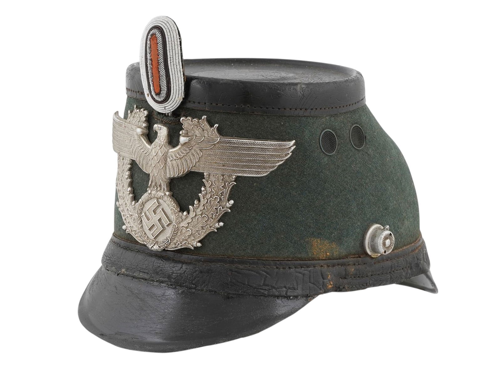 A THIRD REICH ERA GERMAN POLICE (SCHUTZPOLIZEI) SHAKO: A Third Reich German Police (Schutzpolizei) Shako, used between 1936 and 1945. Polizei Tschako (Police Shako), branch: German Schutzpolizei (Municipal police force), period: Nazi Germany, pre-1945. Co