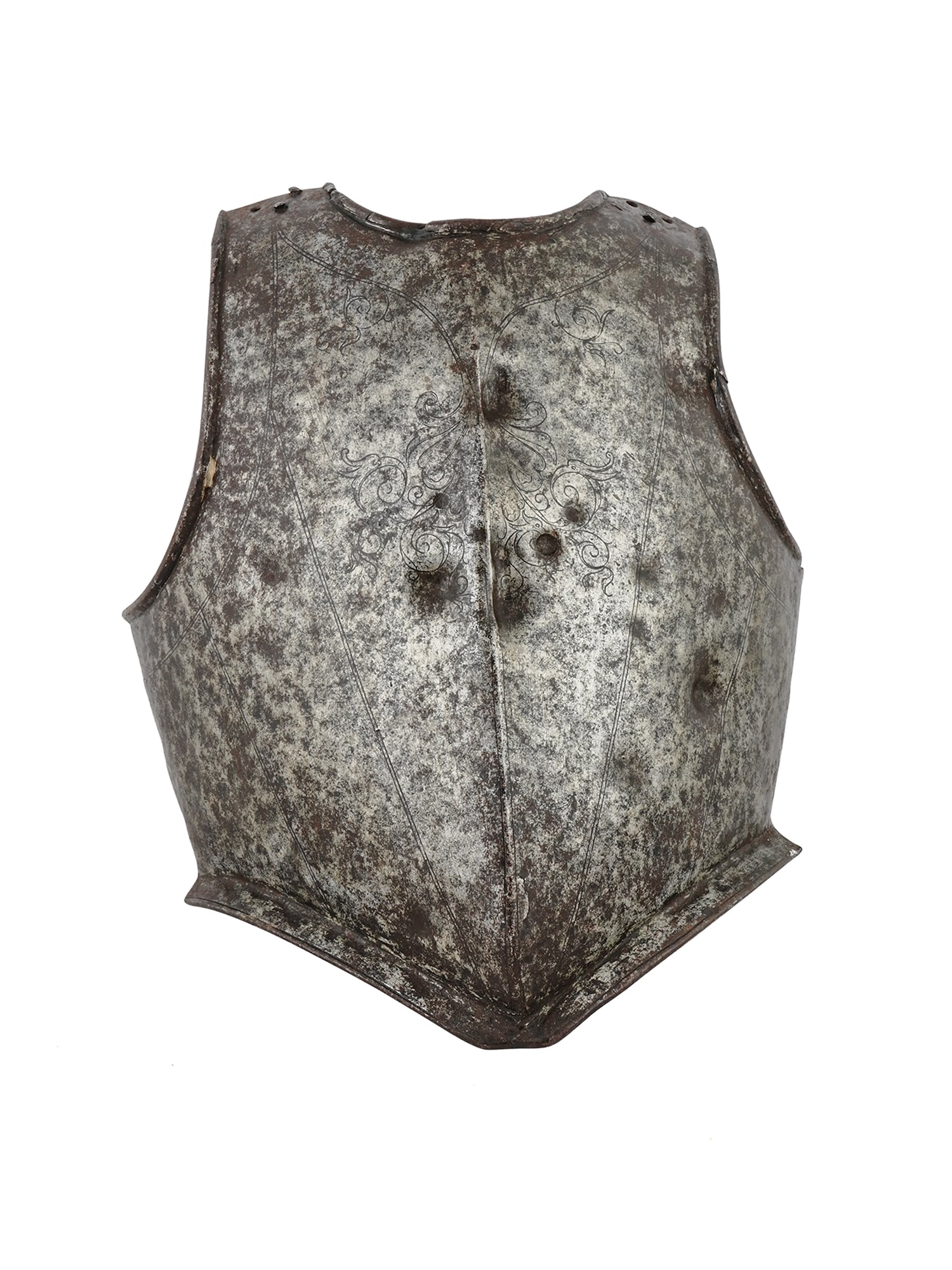 A 17TH-CENTURY ENGRAVED FRENCH BREASTPLATE WITH BULLET MARKS (1 of 8)