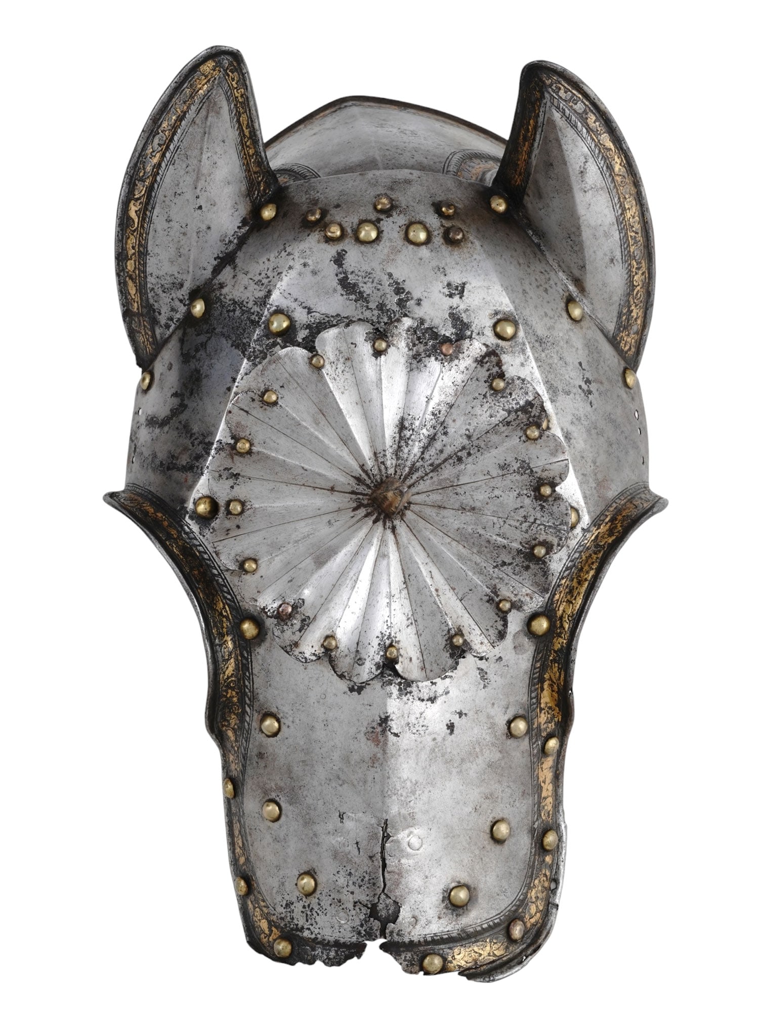 A RARE RENAISSANCE GILT SHAFFRON, HORSE ARMOR, BARDING, 16TH CENTURY: An extremely rare Renaissance era gilt half-shaffron comprised of two sections; the face with a large floret at center from which protrudes a slender pyramidal spike of gilt-iron; and the rear which i