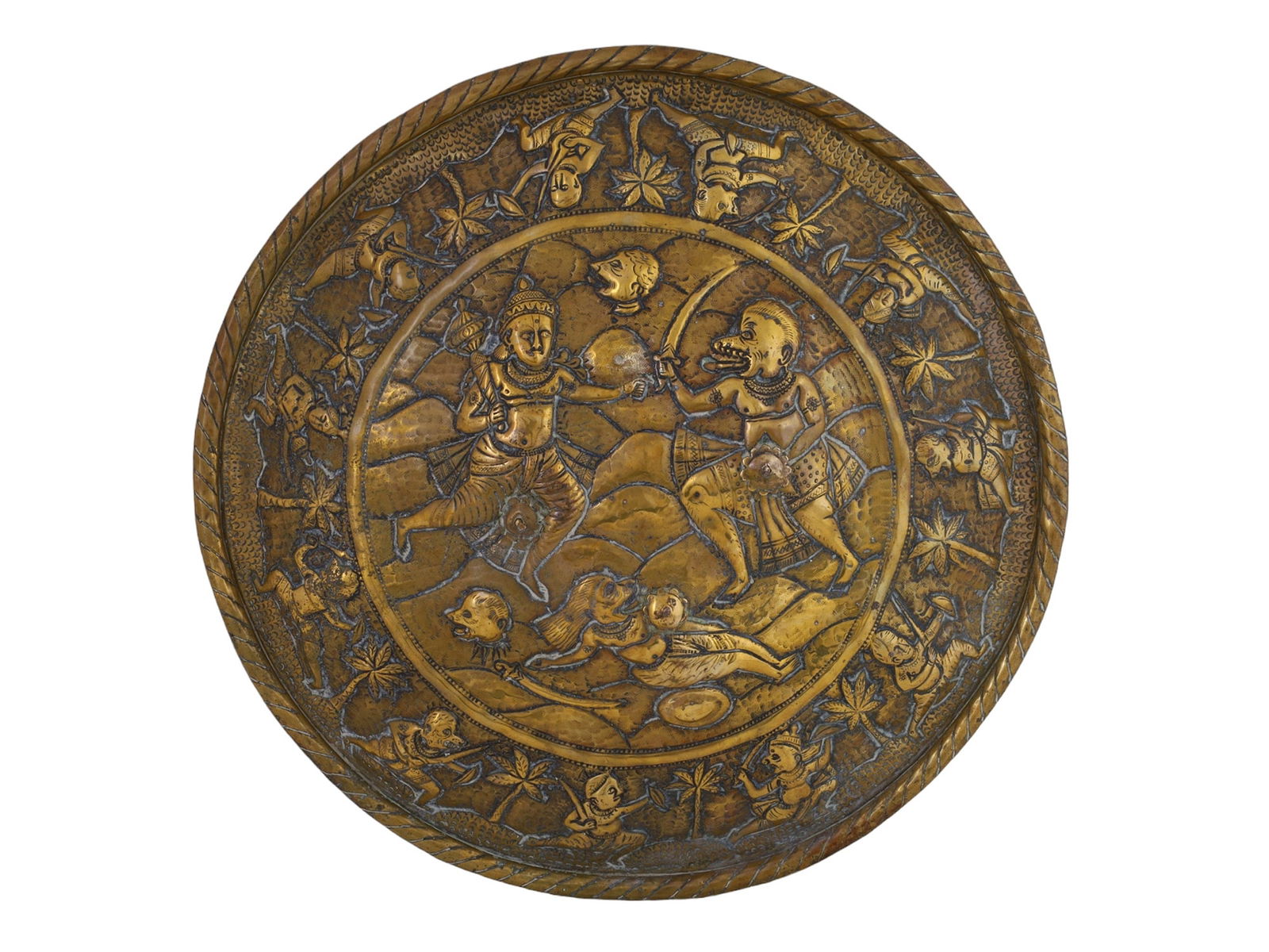 A HAMMERED-BRASS INDIAN DHAL SHIELD WITH MONSTERS, 19 C. (1 of 3)