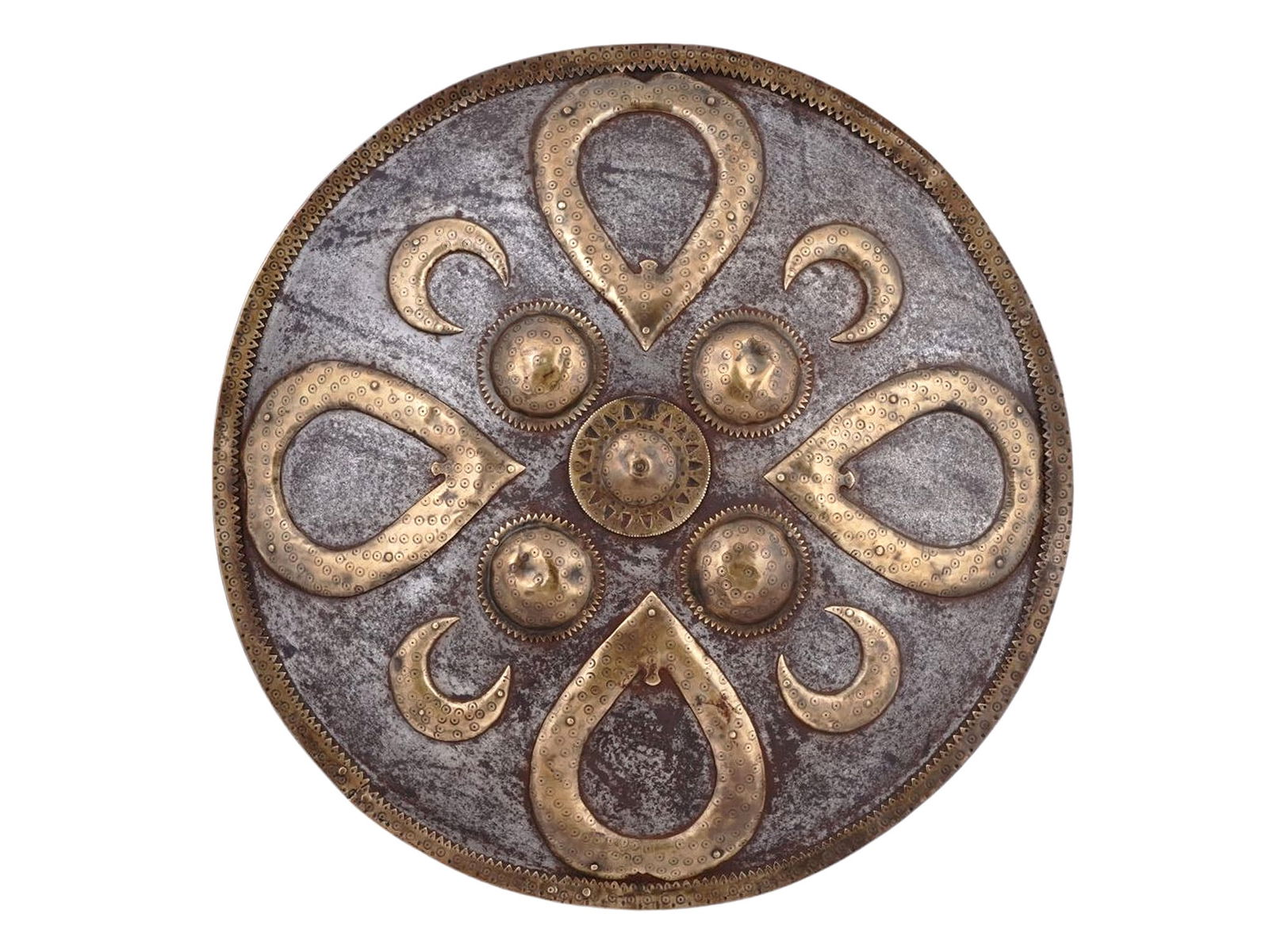 AN INDIAN IRON DHAL SHIELD WITH BRONZE DECORATION, 19 C. (1 of 7)