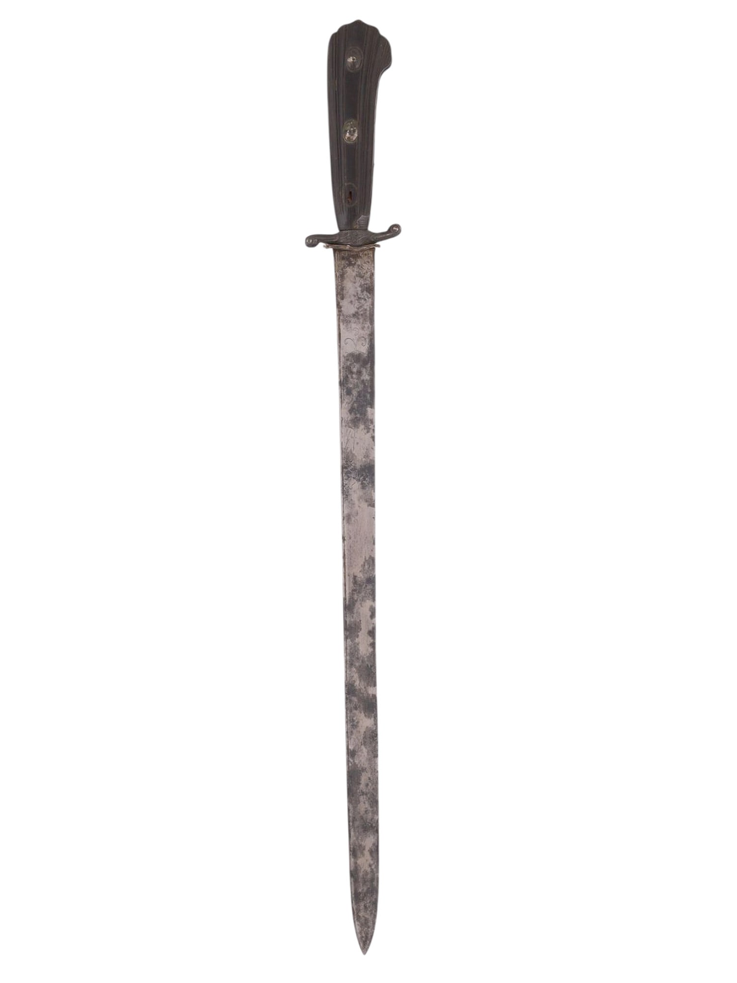 A FRENCH HUNTING DAGGER WITH EBONY HANDLE, CA. 18TH CENTURY: A French hunting dagger of the late 18th or early 19th century, with a ribbed and tapered ebony handle affixed to the tang by three metal rivets, parts of the rivets now missing. The straight blade ha