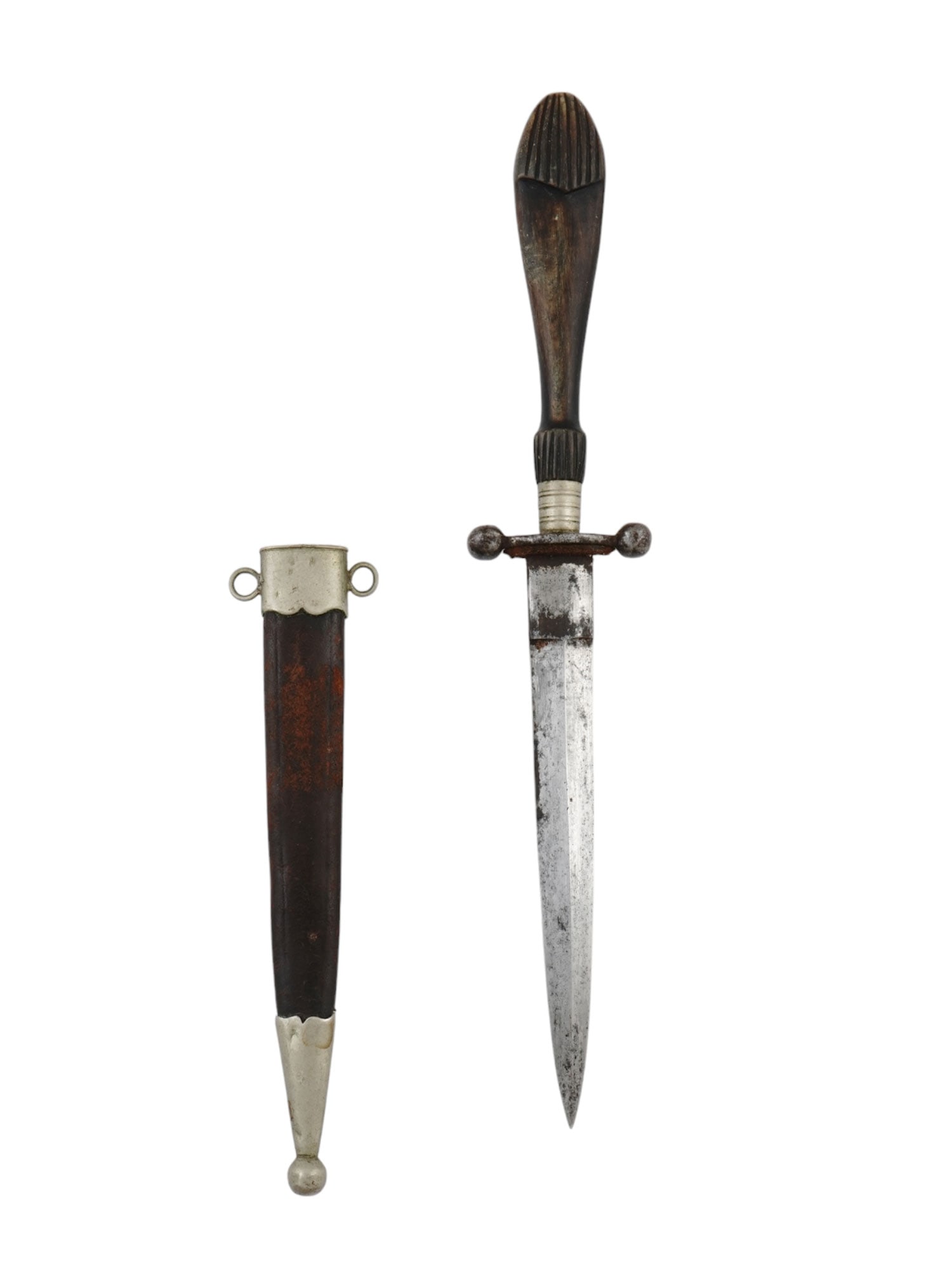 A FRENCH DAGGER WITH A HORN GRIP AND LEATHER SHEATH, 19TH CEN. (1 of 3)