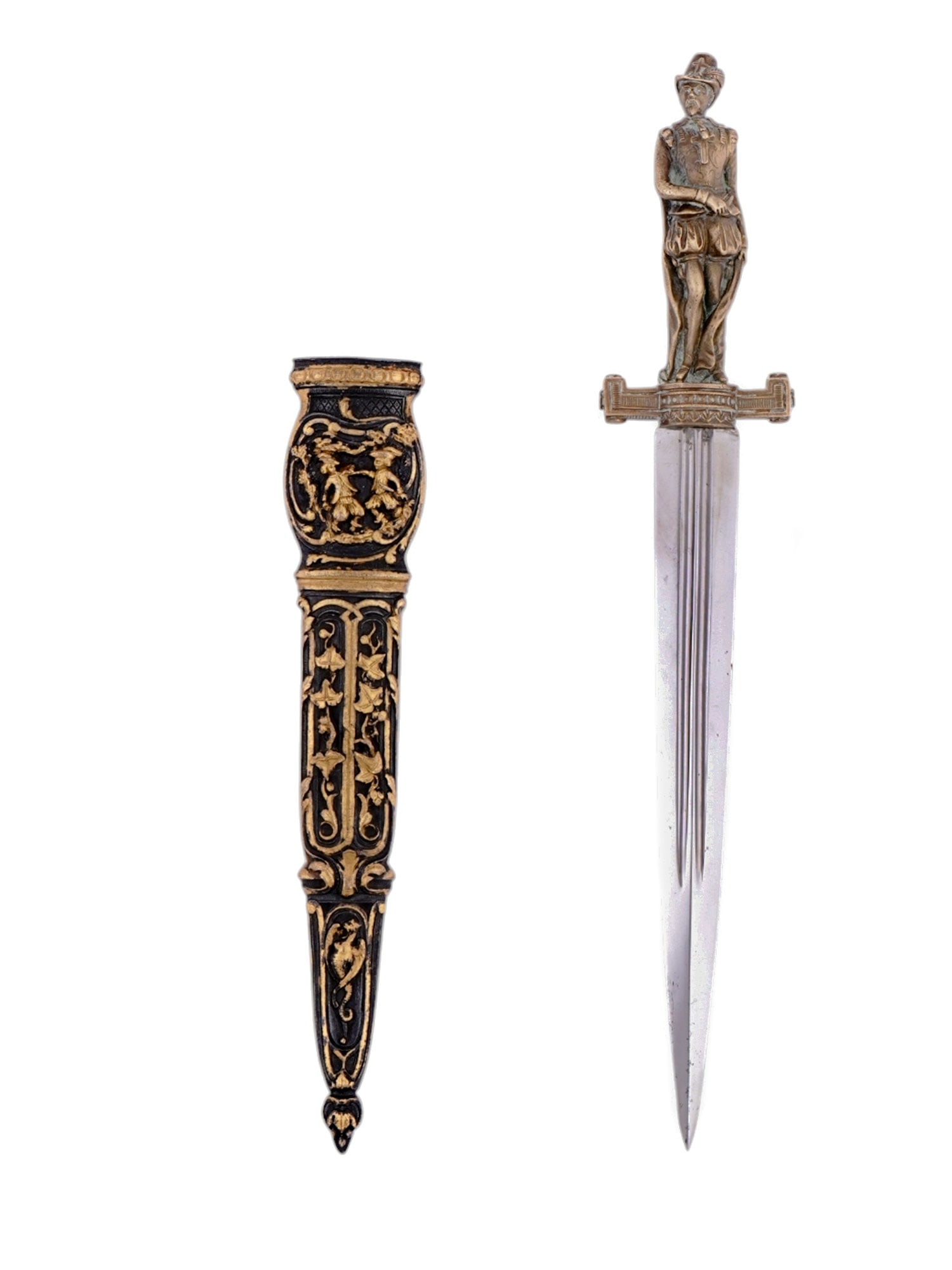 A FINE FRENCH GILT-CAST-BRONZE ROMANTIC DAGGER, 19TH CEN.: An elaborate French gilt-cast-bronze Renaissance (Romantic) dagger featuring a hilt in the form of a Medieval warrior, fullered double-edged pointy blade, and gilt-bronze scabbard embellished with gil