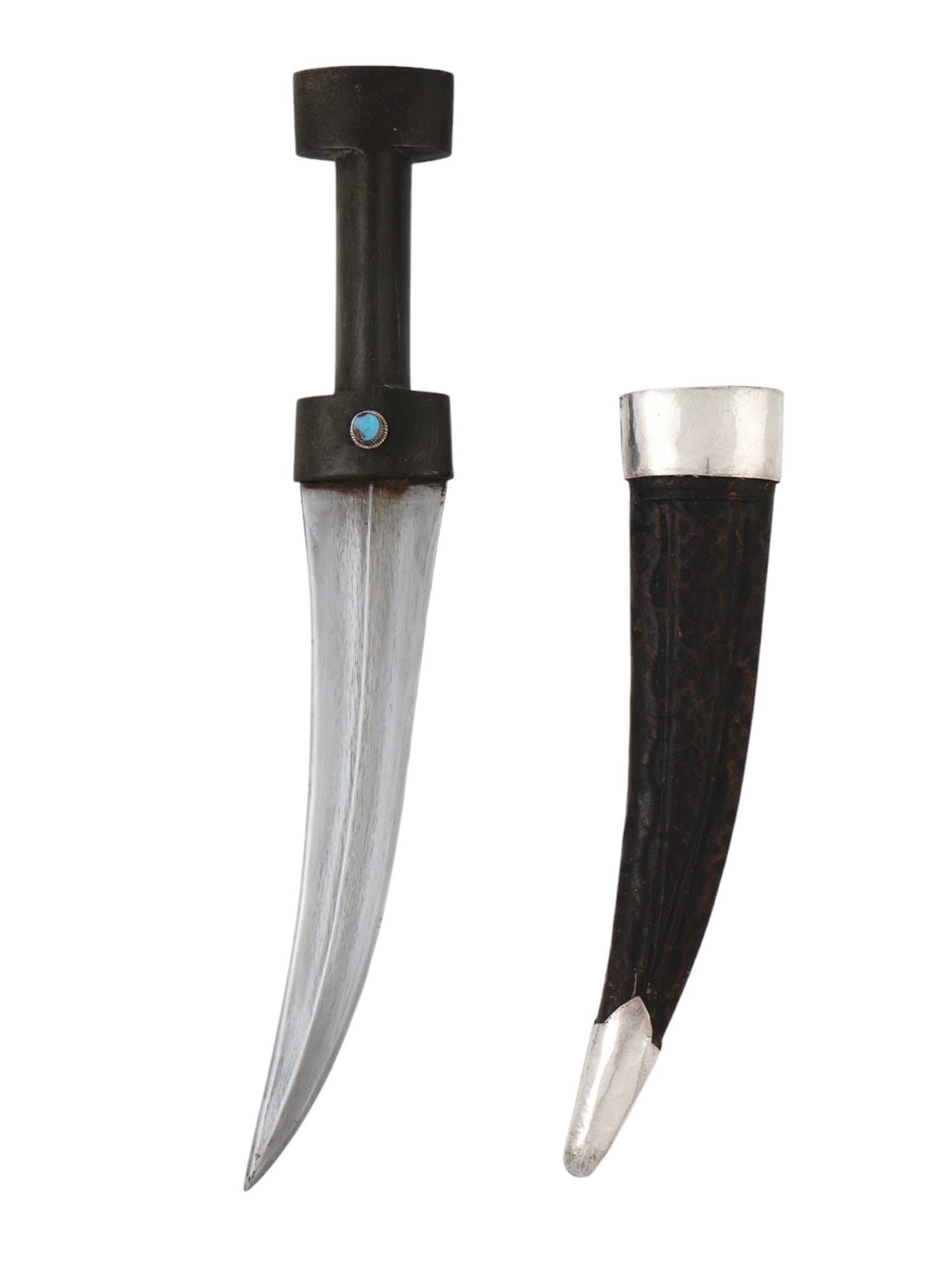 A SILVER MOUNTED KHANJAR, 19THC.: A silver-mounted khanjar, circa 1900 with a double-edged steel blade with a central ridge on both sides. The black horn grip is set with two silver-mounted turquoise rivets. Leather-covered wooden sca