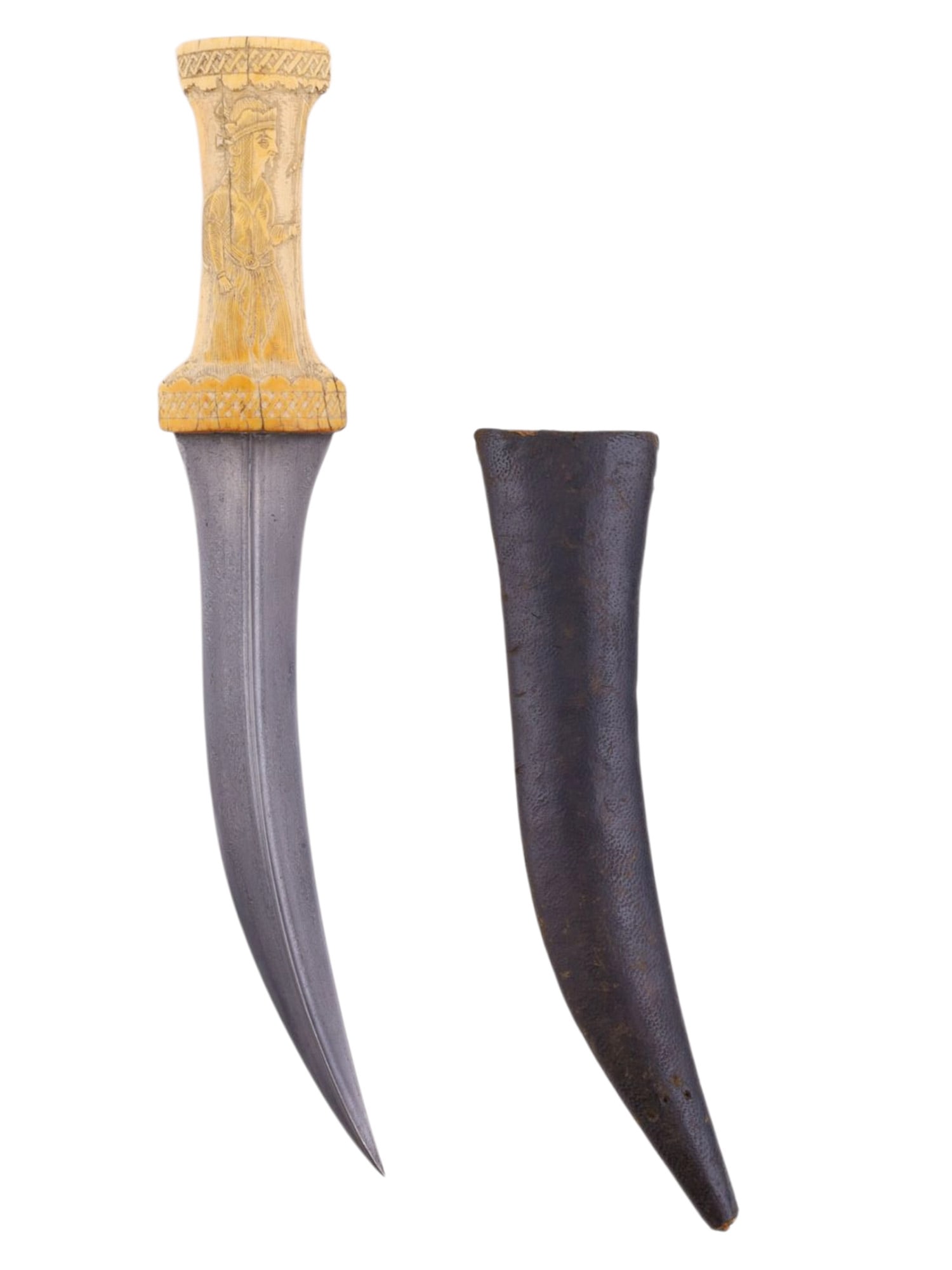 A QAJAR PERSIAN JAMBIYA WITH WOOTZ BLADE AND CARVED BONE GRIP, 19TH CENTURY: A beautiful Qajar Persian jambiya dagger with an excellently patterned wootz blade (also known as Damascus or Watered Steel), and a grip of bone which has been lovingly carved with depictions of two r