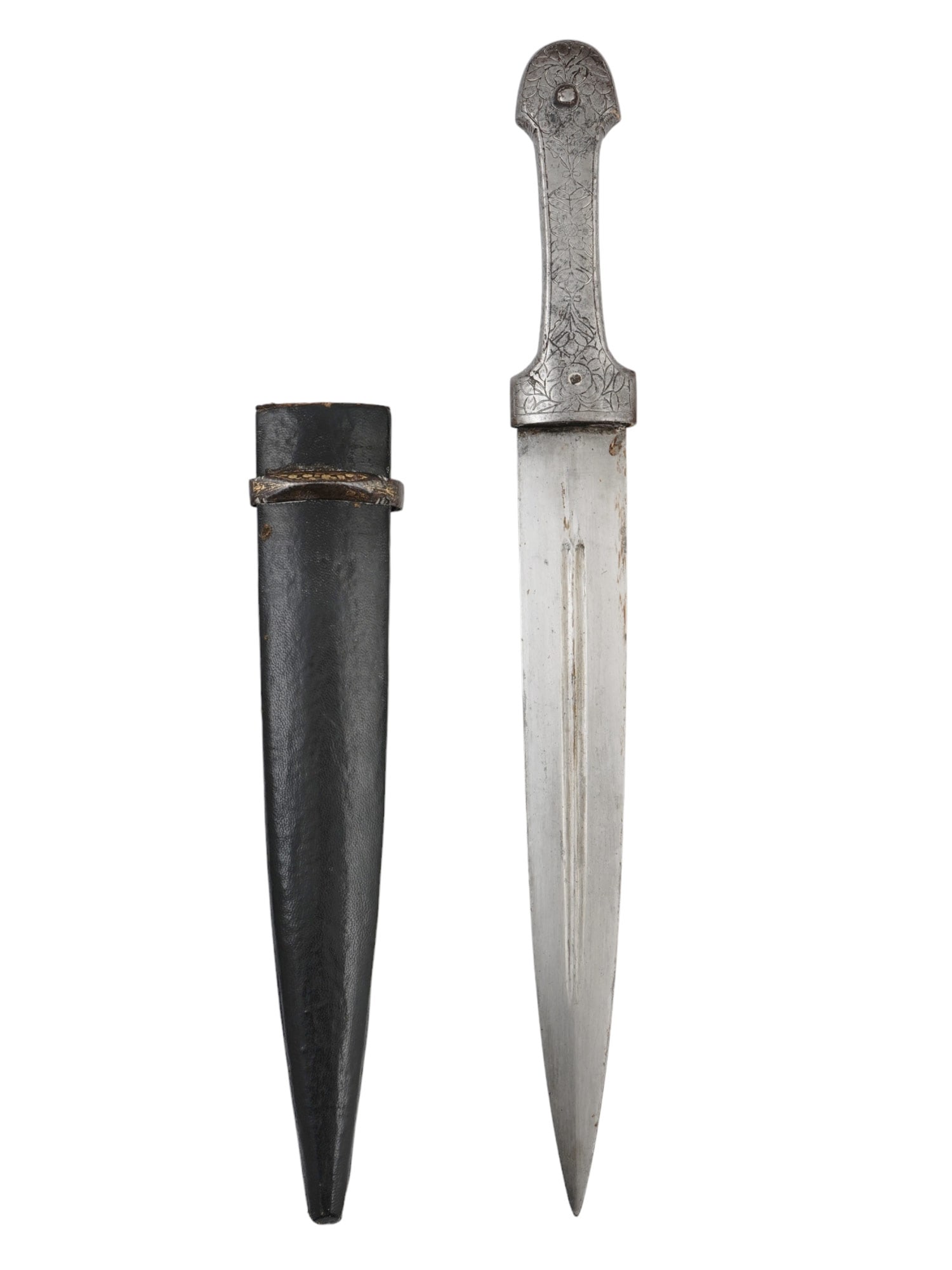 AN UNUSUAL CAUCASIAN DAGGER WITH AN ENGRAVED STEEL GRIP, 19TH C. (1 of 5)