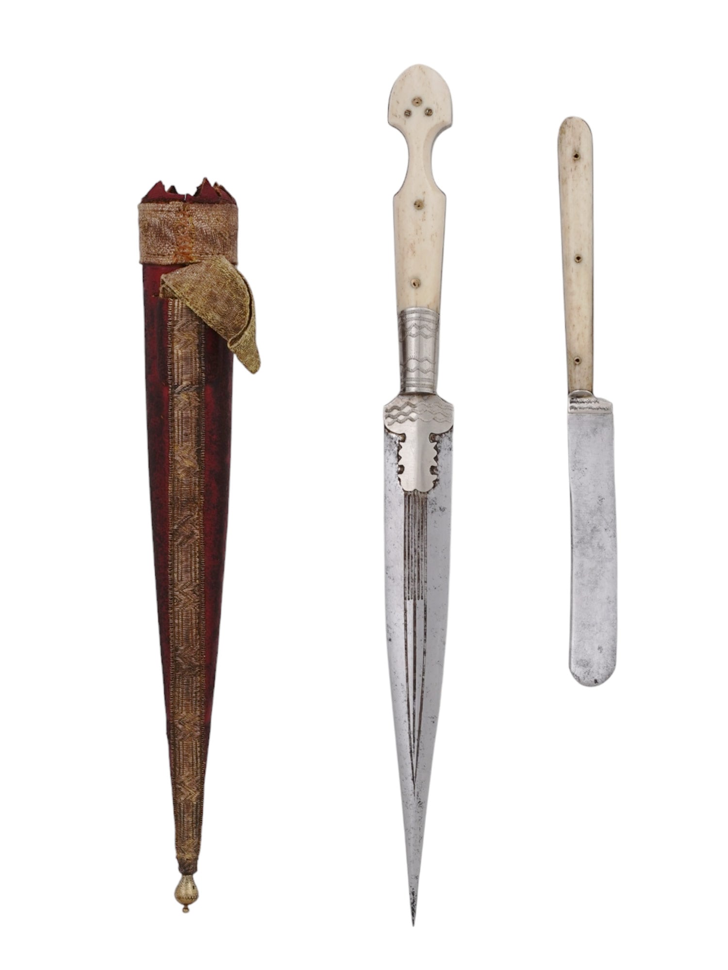AN OTTOMAN CAUCASIAN KNIFE SET IN A RED LEATHER SHEATH, 19TH CENTURY (1 of 5)