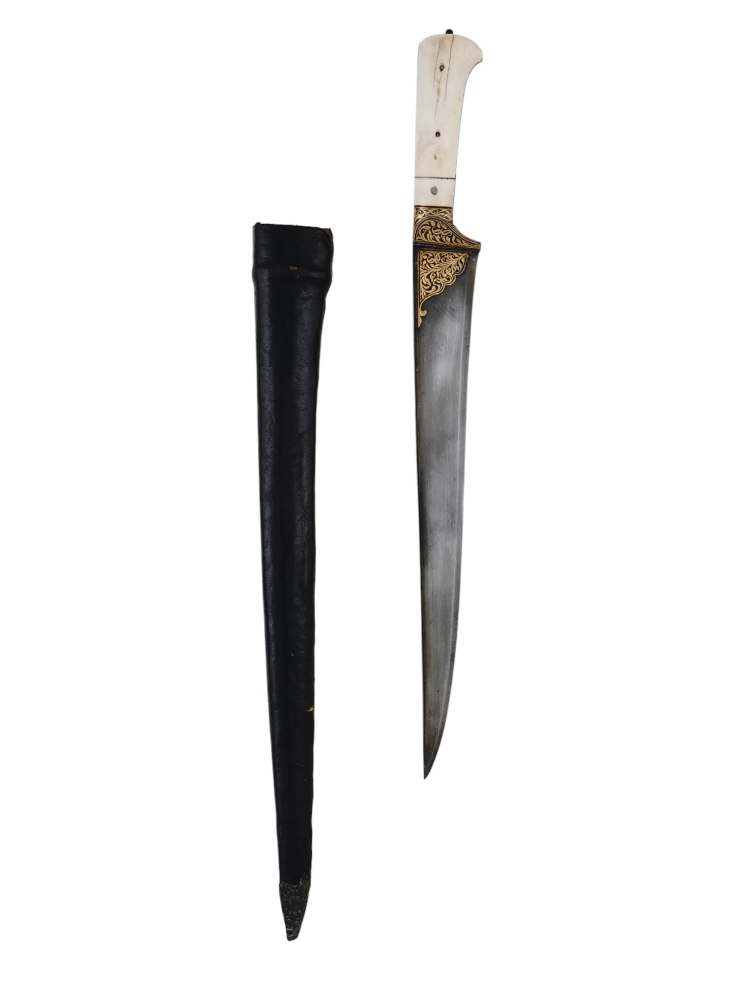 A GOLD-INLAID WOOTZ BLADED PESH-KABZ ISLAMIC DAGGER WITH SCABBARD, 19TH CEN. (1 of 5)