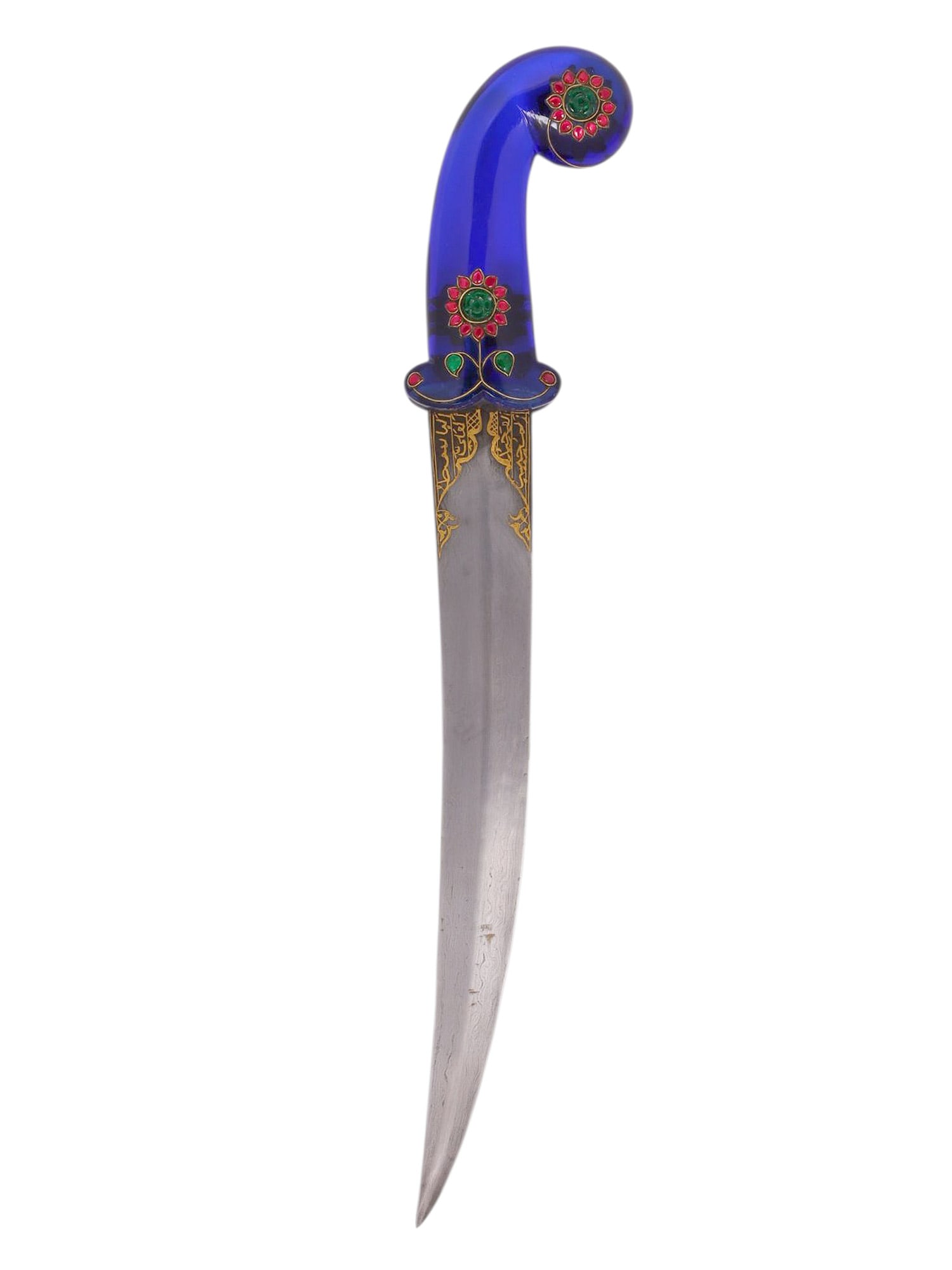 AN OTTOMAN BLUE SAPPHIRE GLASS HILTED DAMASCUS KHANJAR: A striking Ottoman khanjar with a deeply carved hilt of blue sapphire glass, imitating the prized hardstones favored in the court workshops of the late Ottoman Empire. The grip and pommel are executed