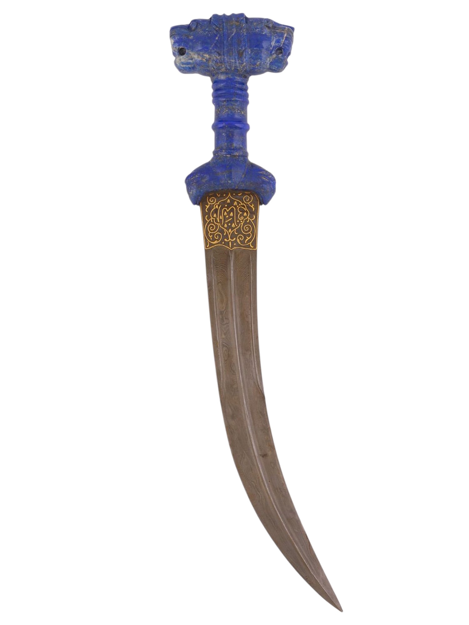 AN INDO PERSIAN DAMASCUS KHANJAR DAGGER WITH LAPIS LAZULI HILT: A finely crafted ceremonial khanjar with a grip of carved lapis with a large, double lion-headed pommel. The curved Damascus blade displays a visible wootz pattern and retains areas of gold koftgari o