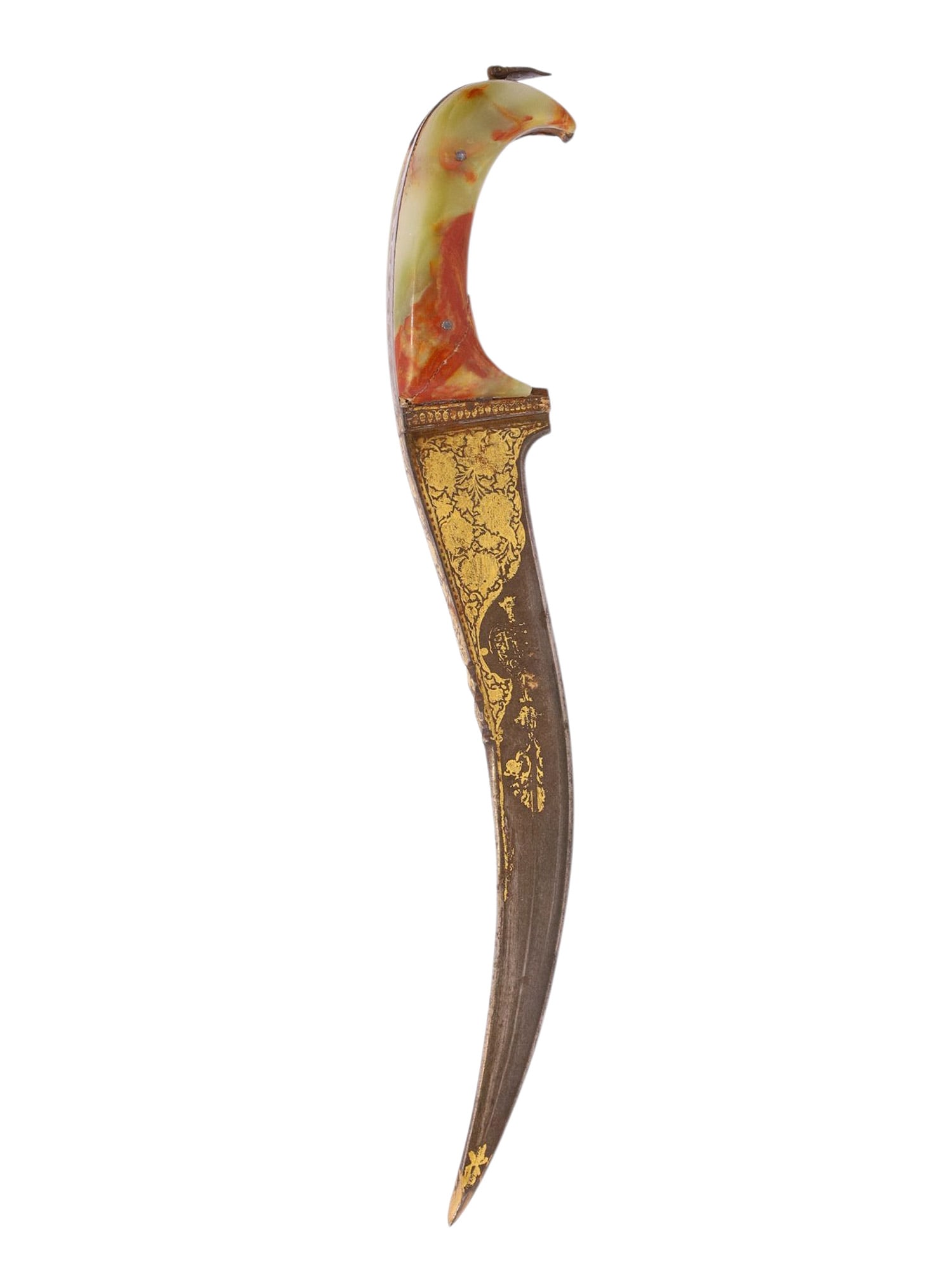 AN INDO-PERSIAN GILT PESH-KABZ WOOTZ DAGGER WITH STONE GRIP, C. 18TH CEN. (1 of 10)
