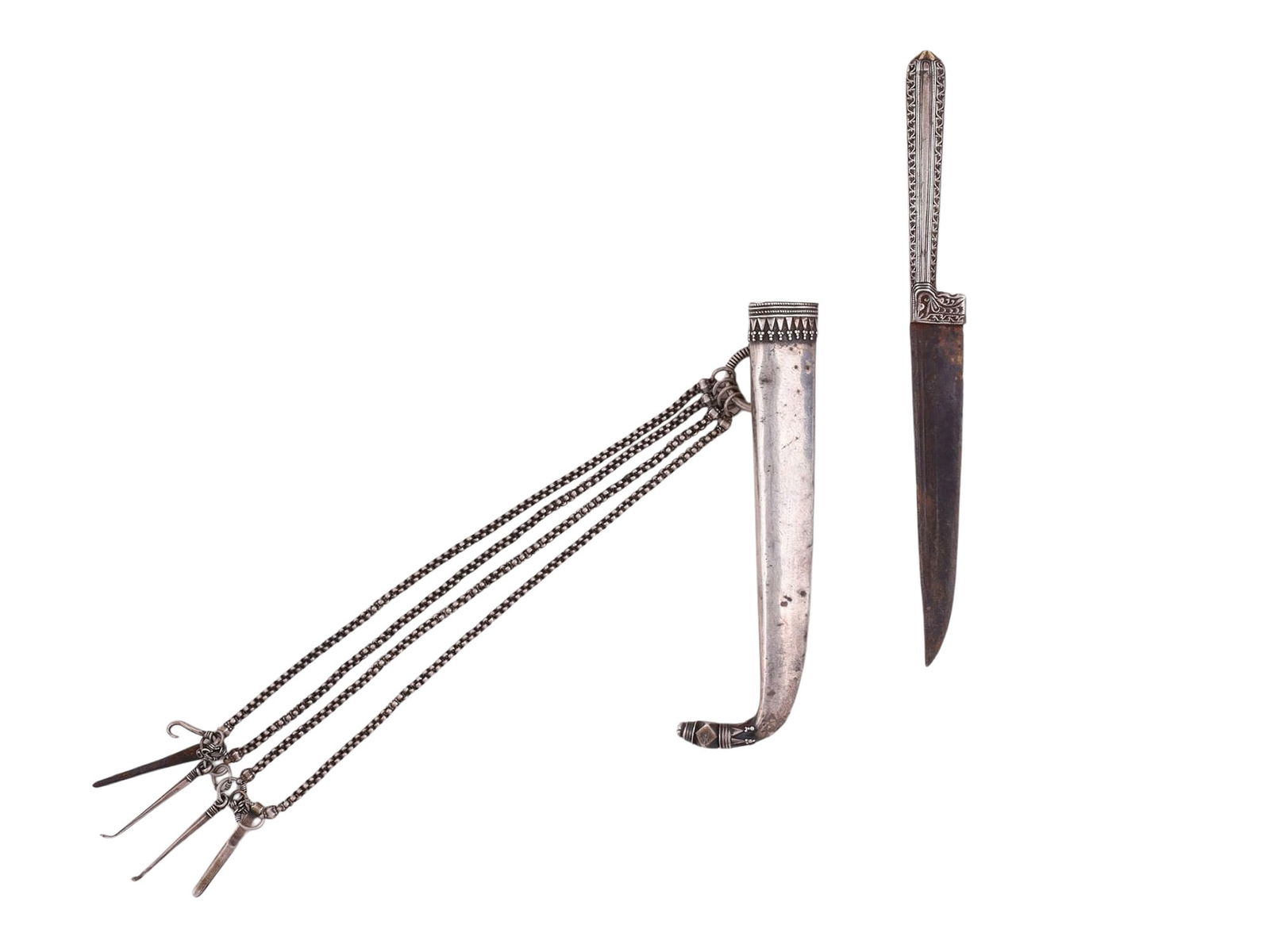 A KARD DAGGER WITH CURVED SILVER SHEATH AND CHATELAINE TOOL SET, 19TH CENTURY (1 of 8)