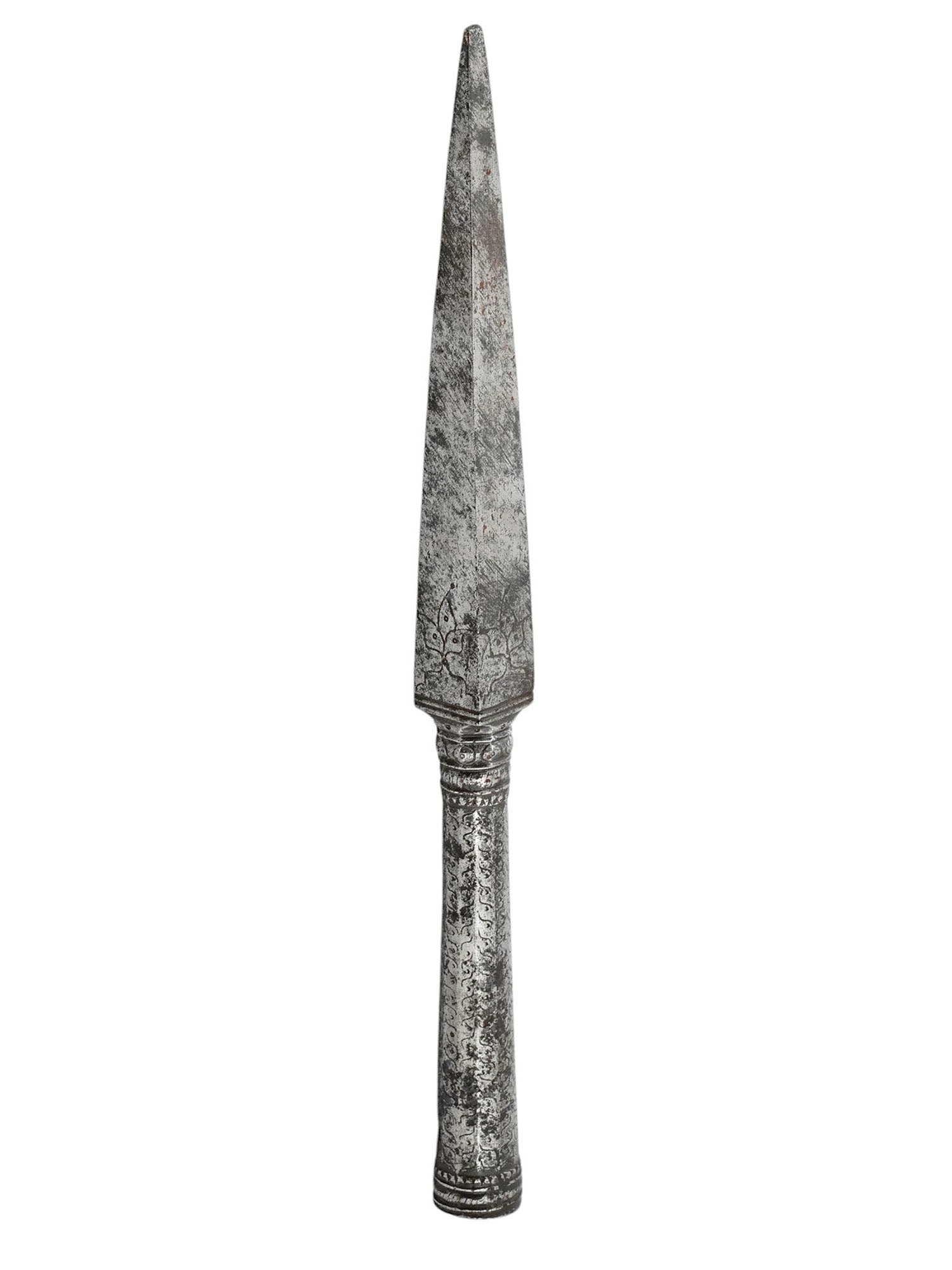 AN INDIAN CHASED STEEL SPEARHEAD, 16TH OR 17TH CENTURY: An Indian steel spearhead of a triangular form, with finely chased leafy patterning down the entire length of the socket along with similarly decorated rings just below the butt, which itself has been