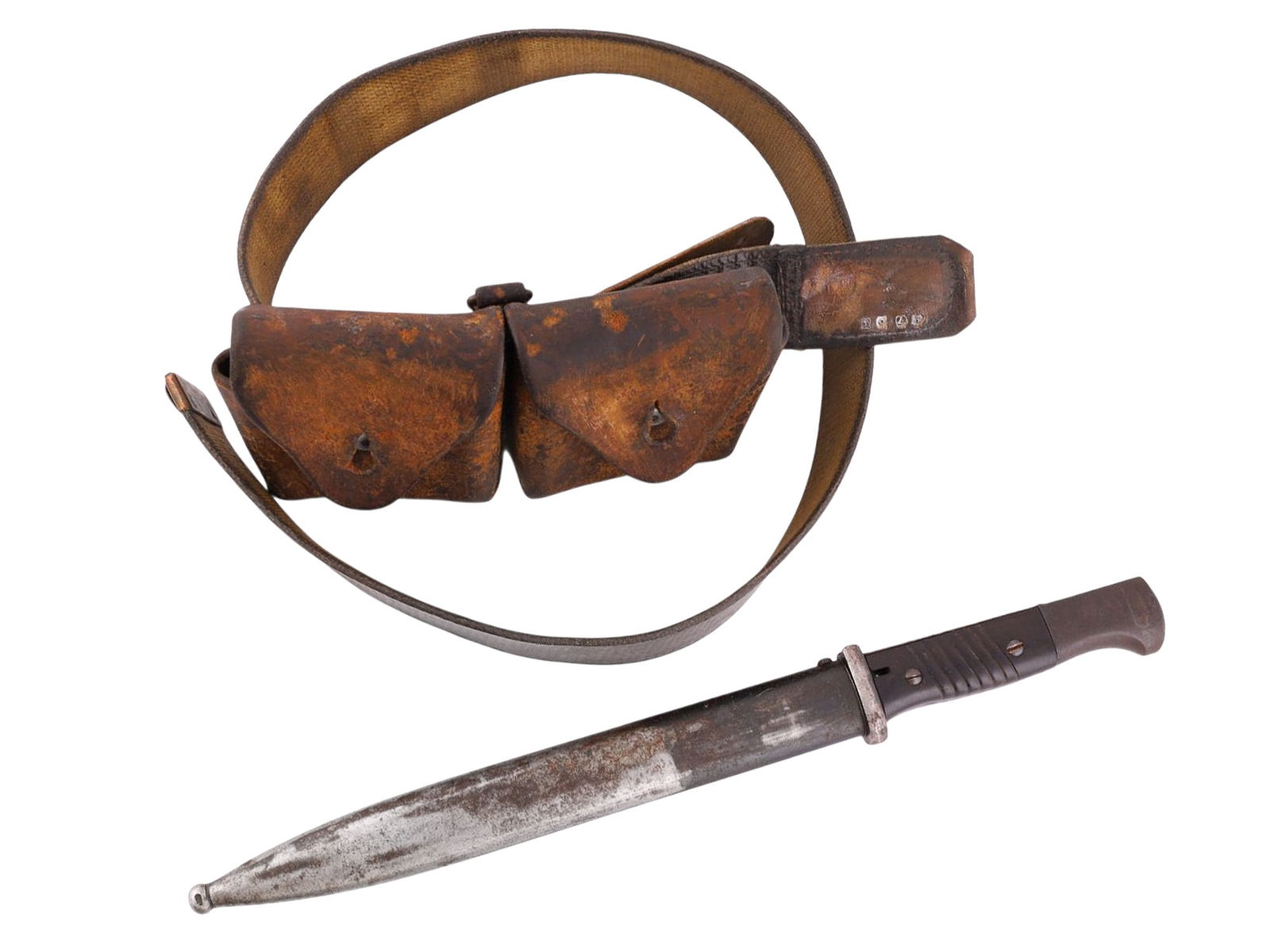 A WW2 GERMAN LEATHER BELT, K98 BAYONET, AND SWISS POUCH, 1933-1945 (1 of 20)