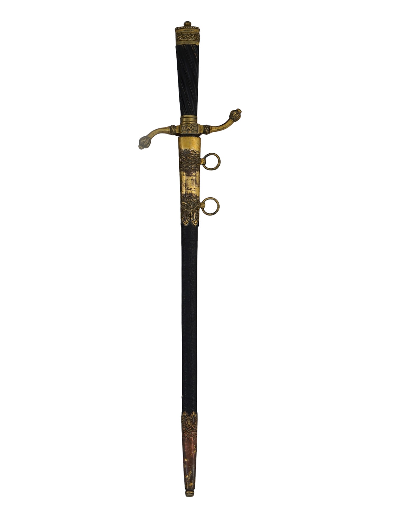 A FRENCH MARINE (NAVAL) DAGGER OR DIRK WITH SHEATH, CA. 1810: A very fine French naval dagger/dirk from the 19th century. The blade is straight and double-edged with an ebony grip, a brass pommel with decorative elements, and an inverted cruciform crossguard wit