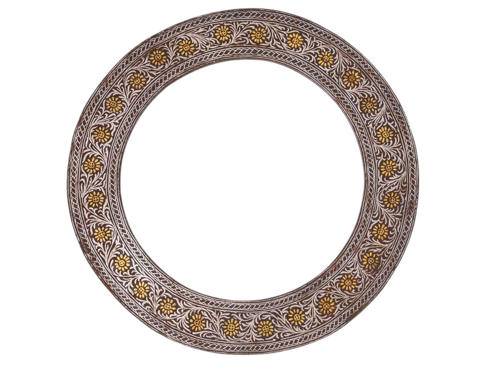 A RARE SIKH NIHANG AKALI CHAKRAM QUOIT: A finely decorated Sikh war quoit known as a chakram, traditionally used by Nihang Akali warriors. The ring is forged of steel and richly embellished with dense gold koftgari floral ornament arranged
