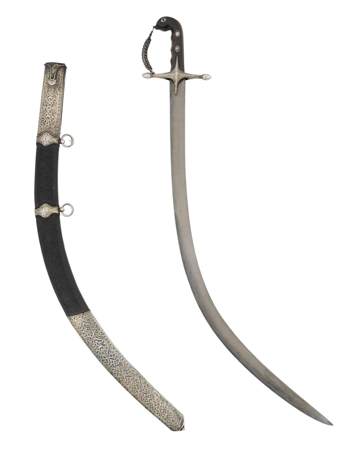AN EXCEPTIONAL SILVER-MOUNTED OTTOMAN BALKAN GREEK KILIJ SHAMSHIR SWORD WITH A FINE WOOTZ BLADE, (1 of 13)