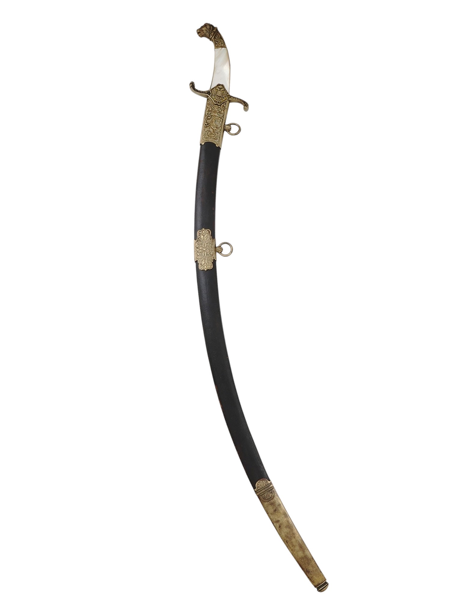 AN AUSTRO-HUNGARIAN OFFICERS' PARADE SWORD, CA. 1900: A high-ranking officer's bronze mounted sabre with a single-fullered blade. The cross guard has a nice cast-bronze Austro-Hungarian eagle at center. The grip scales are of mother-of-pearl and the hilt