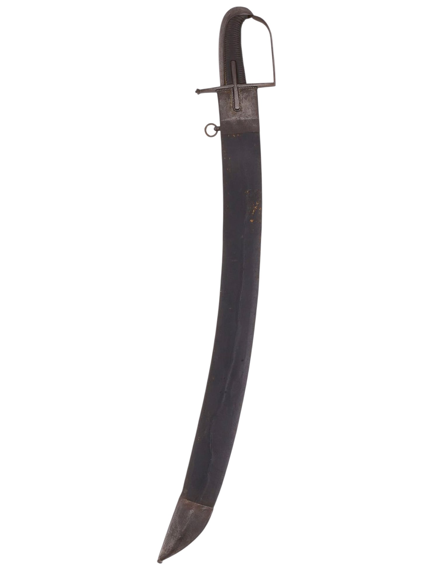 A SCARCE HUNGARIAN SABER WITH ARABIC SCRIPT, C. 1800: Single-edged, curved saber of Central European form with pronounced hussar-type profile, featuring a broad, curved steel blade engraved over much of its length on both sides with flowing etched Arabic