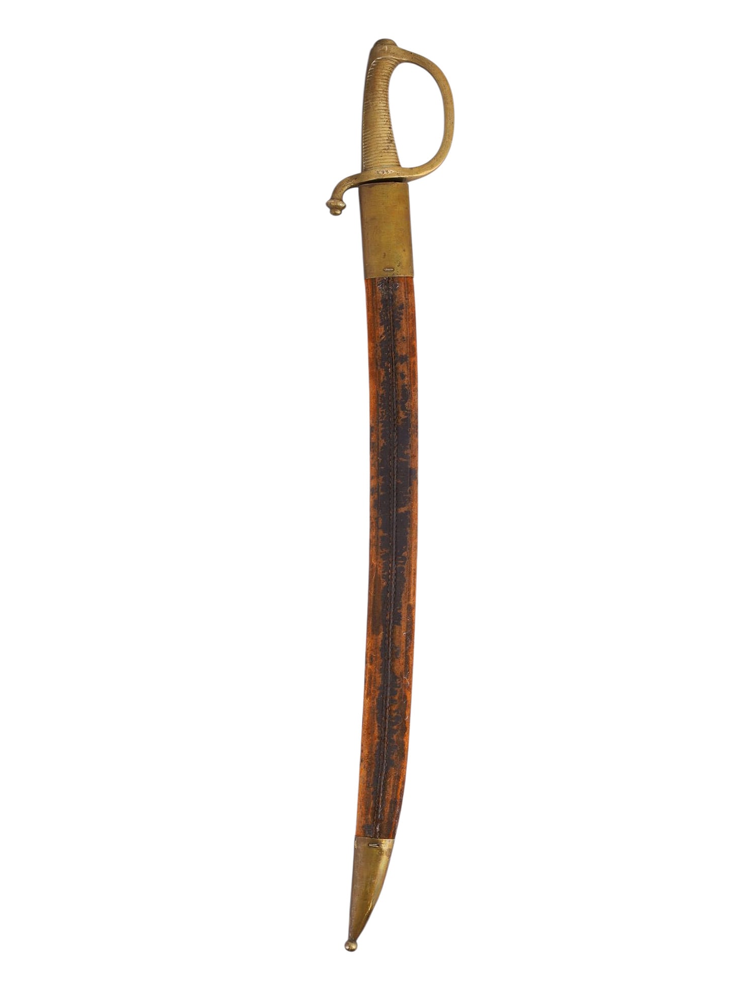 A FRENCH NAVAL BRIQUET SABRE, MARINE IMPERIALE, CIRCA 1800–1815: Regulation short sabre of French naval briquet type, attributable to service with the Marine Impériale during the Napoleonic period. The single-edged, slightly curved steel blade with broad fuller is