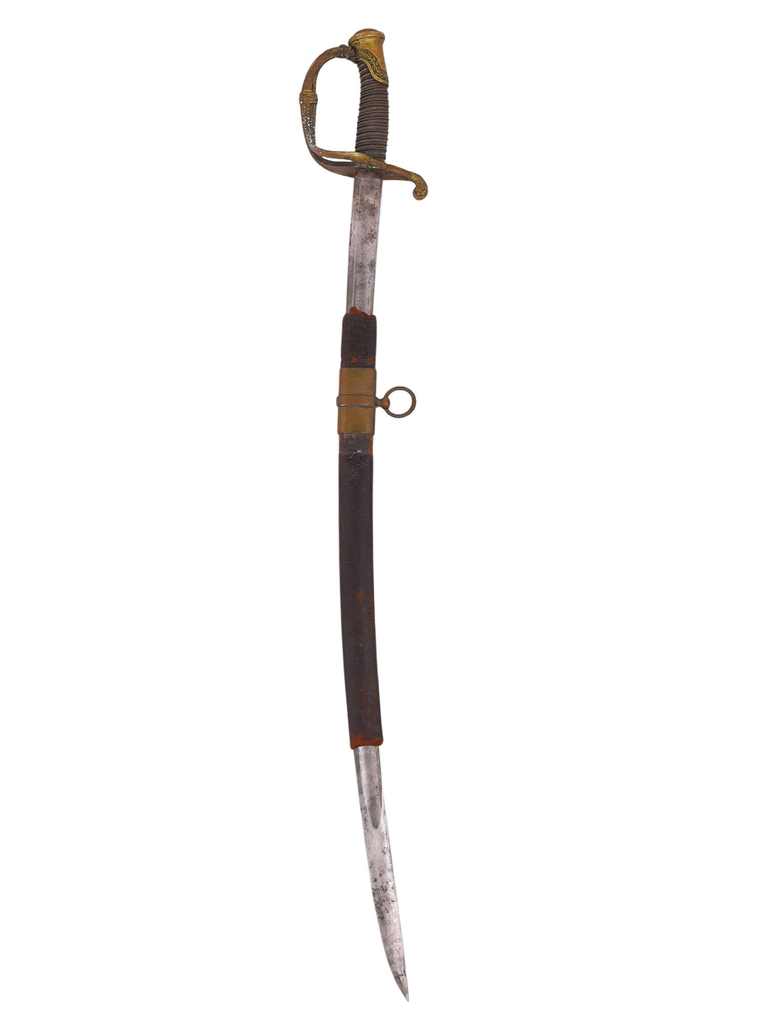 A FRENCH MODEL 1821 OFFICER'S SABRE WITH SCABBARD, CIRCA 1830: A French style officer’s sabre featuring the classic brass three-bar hilt of the 1821 pattern, with a sharkskin-wrapped grip bound in twisted brass wire. The engraving of the blade reads 'Garde Nati
