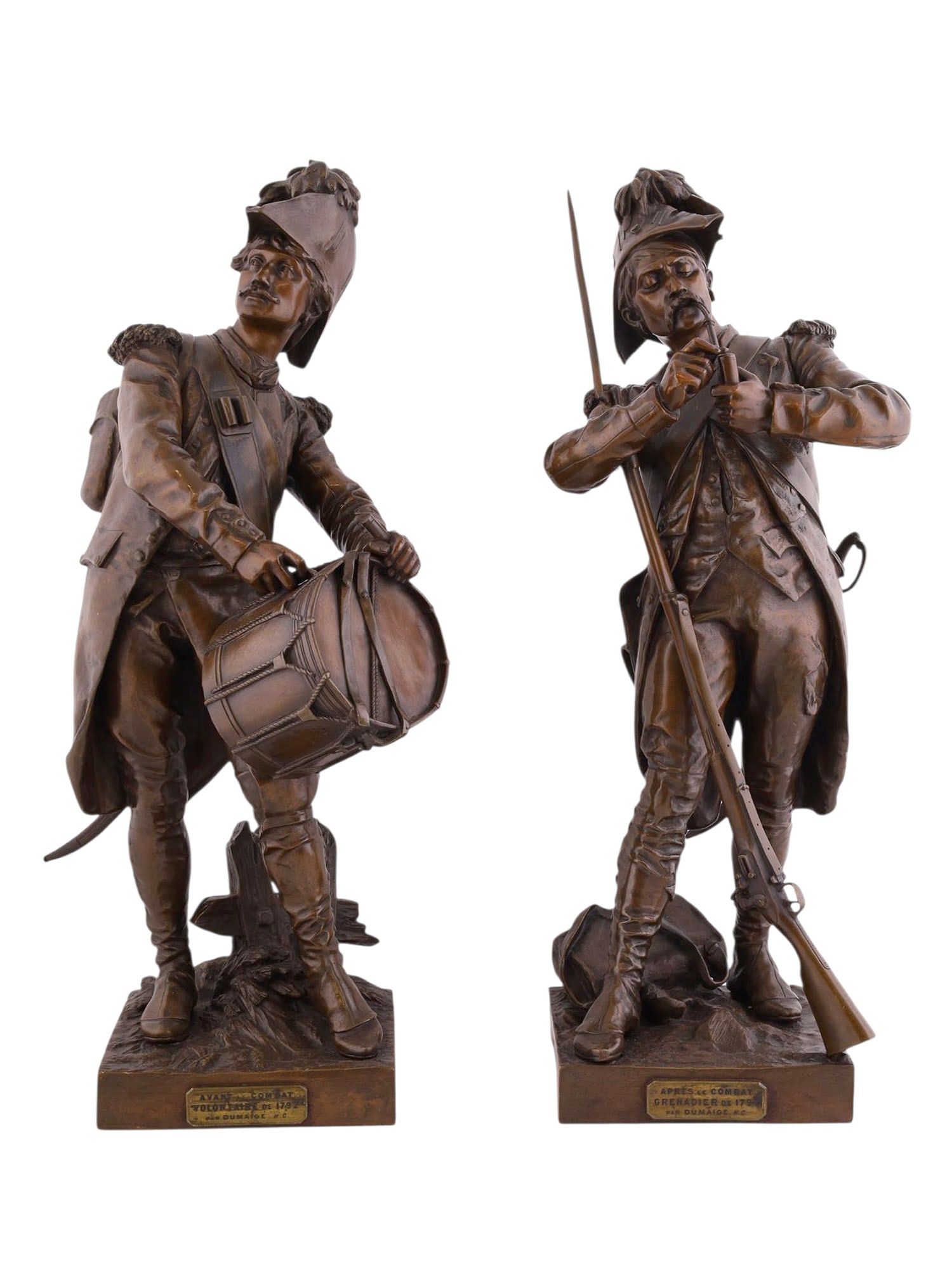 A PAIR OF ETIENNE-HENRI DUMAIGE (FRENCH 1830-1888) BRONZE FIGURES, 'AVANT LE COMBAT ET APRÈS LE (1 of 7)