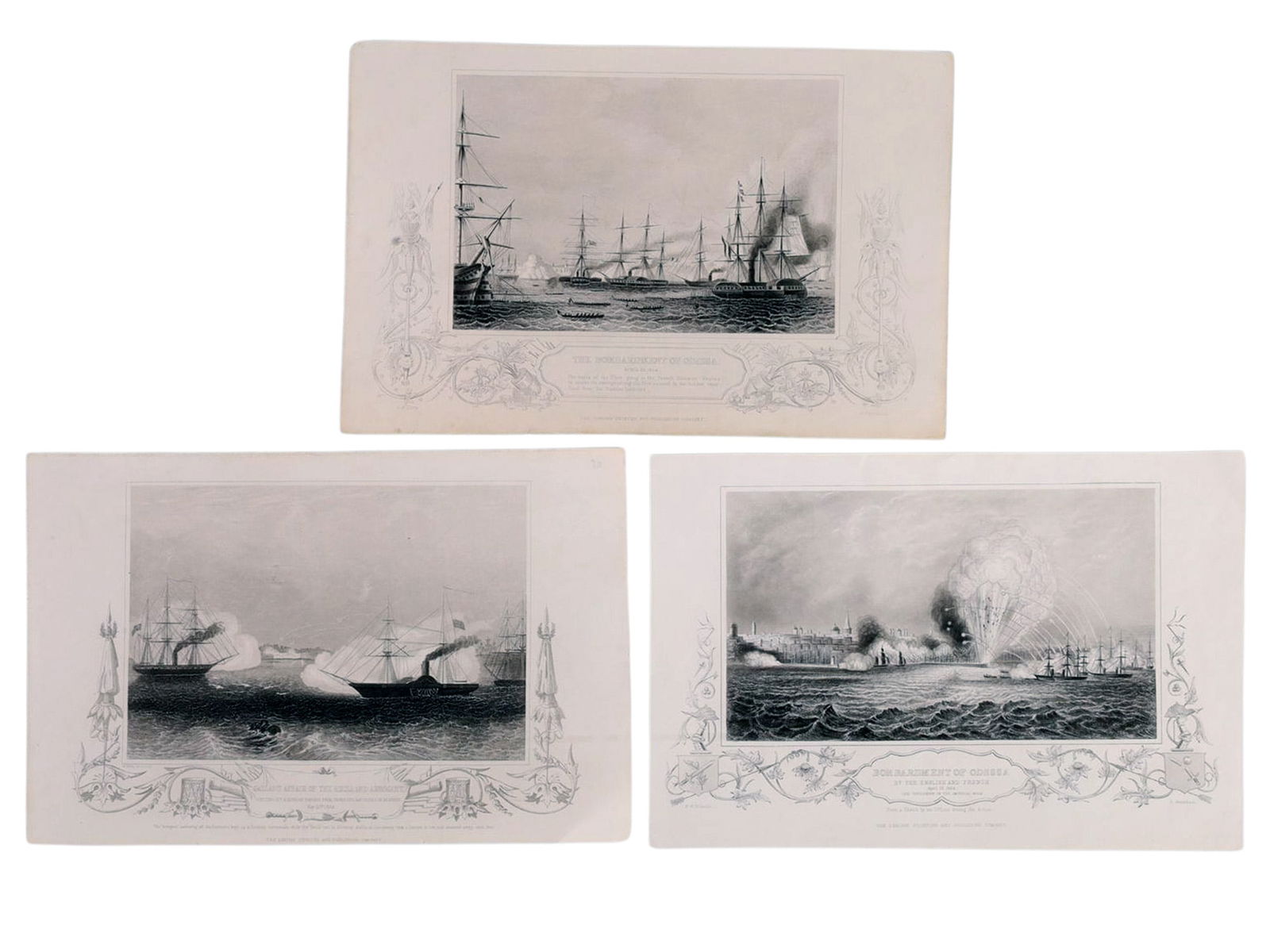 A LOT OF 3 CRIMEAN WAR NAVAL BATTLE LITHOGRAPHS, BOMBARDMENT OF ODESSA, HECLA AND ARROGANT AT: A group of three lithographs depicting scenes of naval combat during the Crimean War, including two views of the bombardment of Odessa in modern Ukraine and one scene of the British ships Hecla and Ar