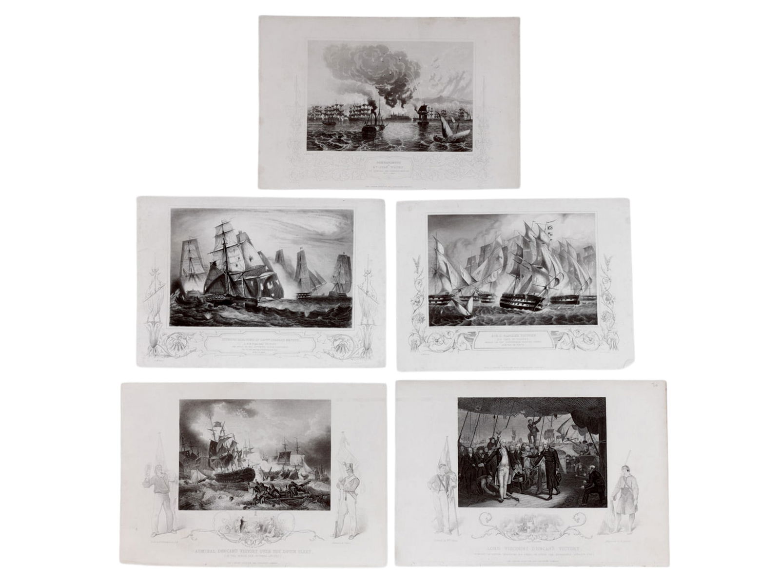A LOT OF 5 BRITISH NAVAL BATTLE LITHOGRAPHS, ADMIRAL SIR CHARLES NAPIER, ADMIRAL VISCOUNT DUNCAN,: A group of 5 lithograph scenes from important moments in the careers of Scottish Admirals Sir Charles Napier and Viscount Adam Duncan. From Napier's life are three scenes, including his actions aboard