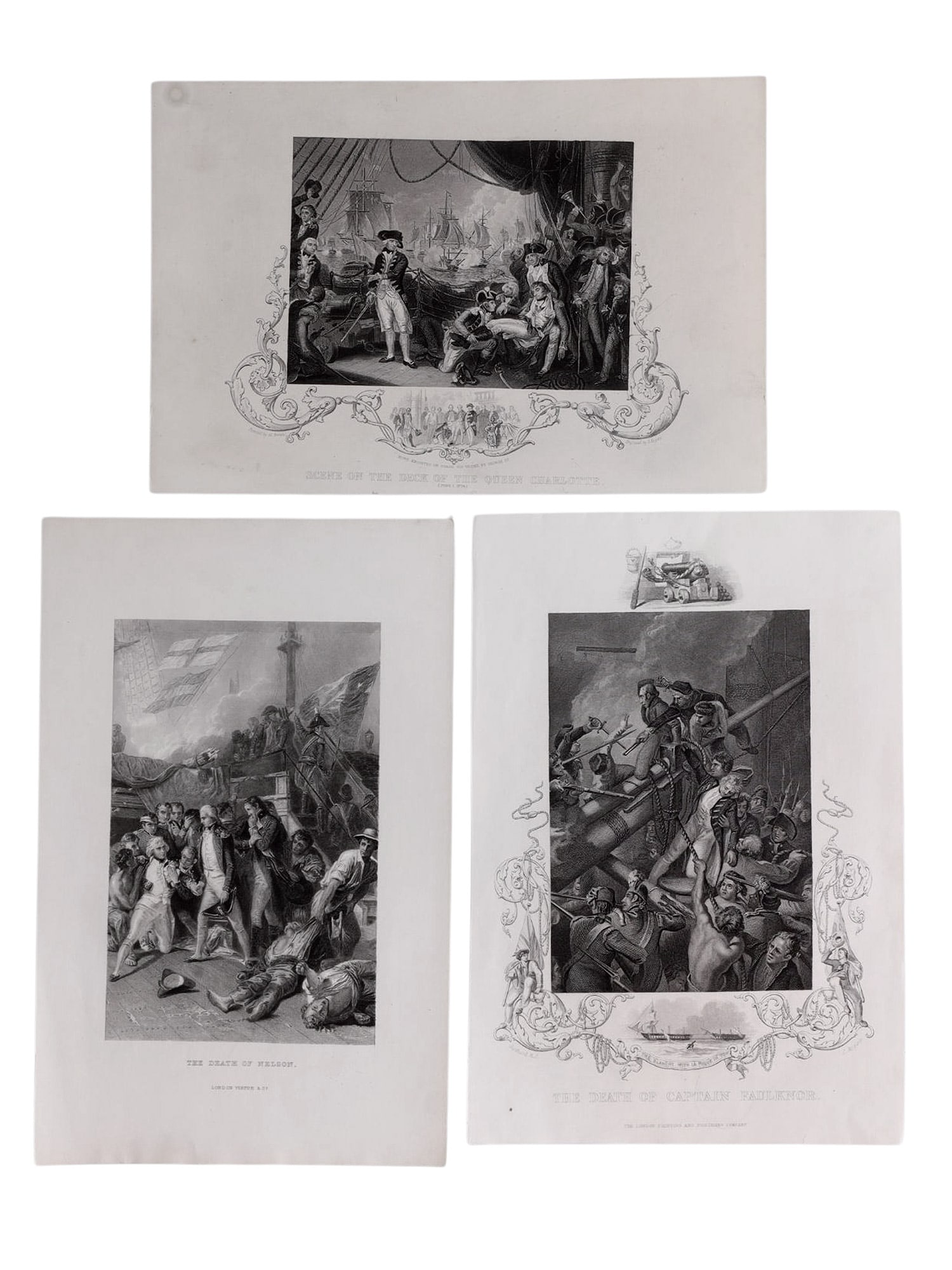 A LOT OF 3 BRITISH NAVAL LITHOGRAPHS, DEATH OF HORATIO NELSON, DEATH OF CAPTAIN ROBERT FAULKNOR, A (1 of 4)