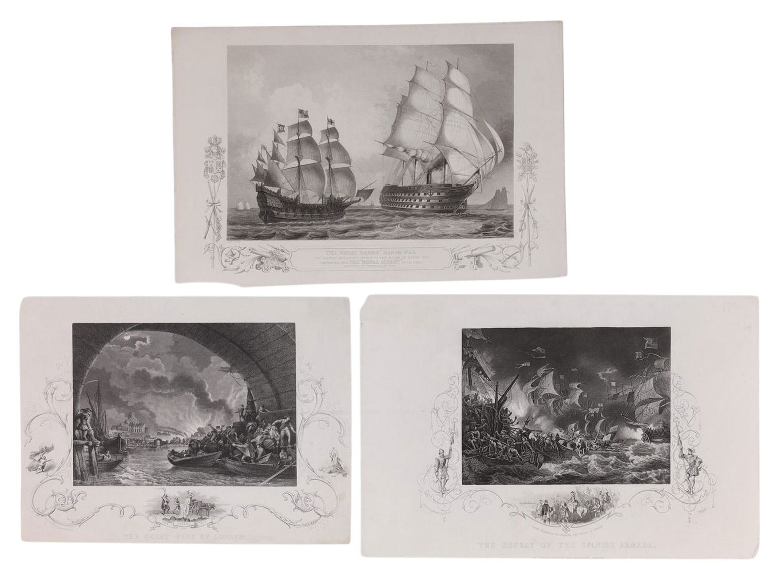 A LOT OF 3 BRITISH HISTORICAL LITHOGRAPHS, DEFEAT OF THE SPANISH ARMADA, GREAT FIRE OF LONDON, THE: A group of 3 lithograph scenes from English history, mostly naval related. The first being a scene of the defeat of the Spanish Armada engraved by John Rogers (1800-1888) after the painting by Philip
