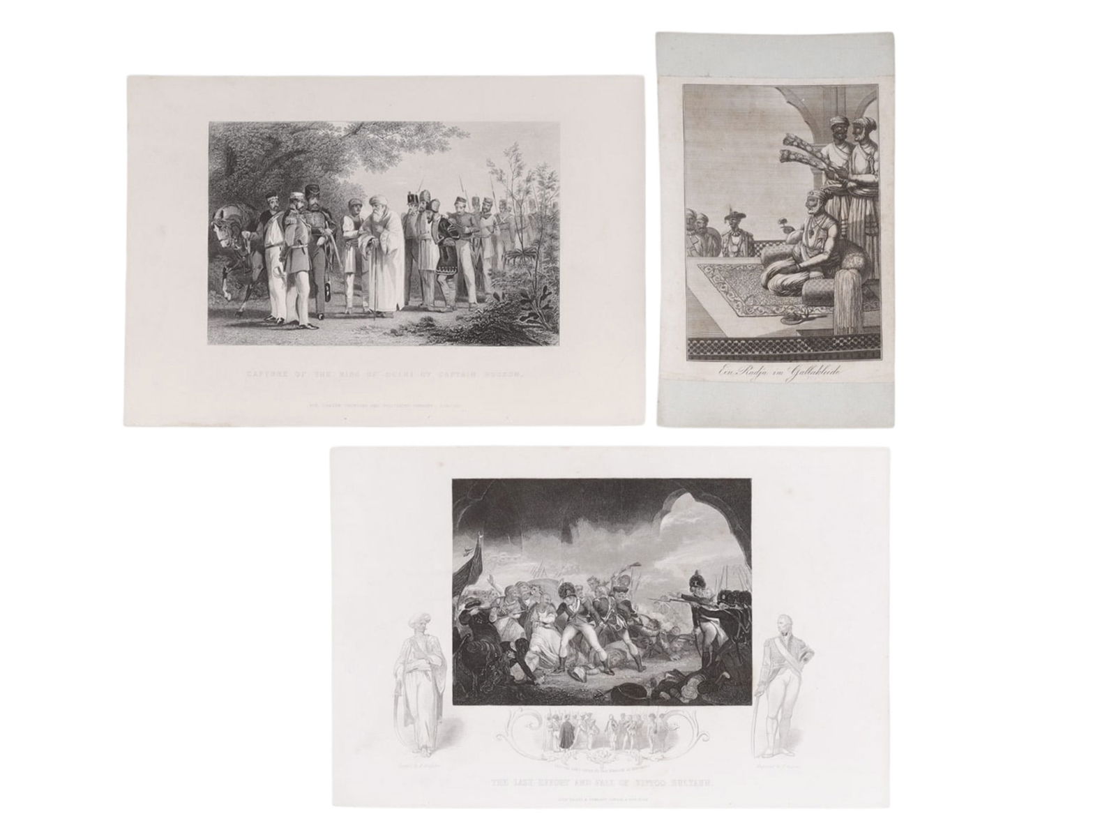A LOT OF 3 PRINTS OF INDIAN RULERS, CAPTURE OF BAHADUR SHAH ZAFAR II, FALL OF TIPU SULTAN, 19TH (1 of 9)
