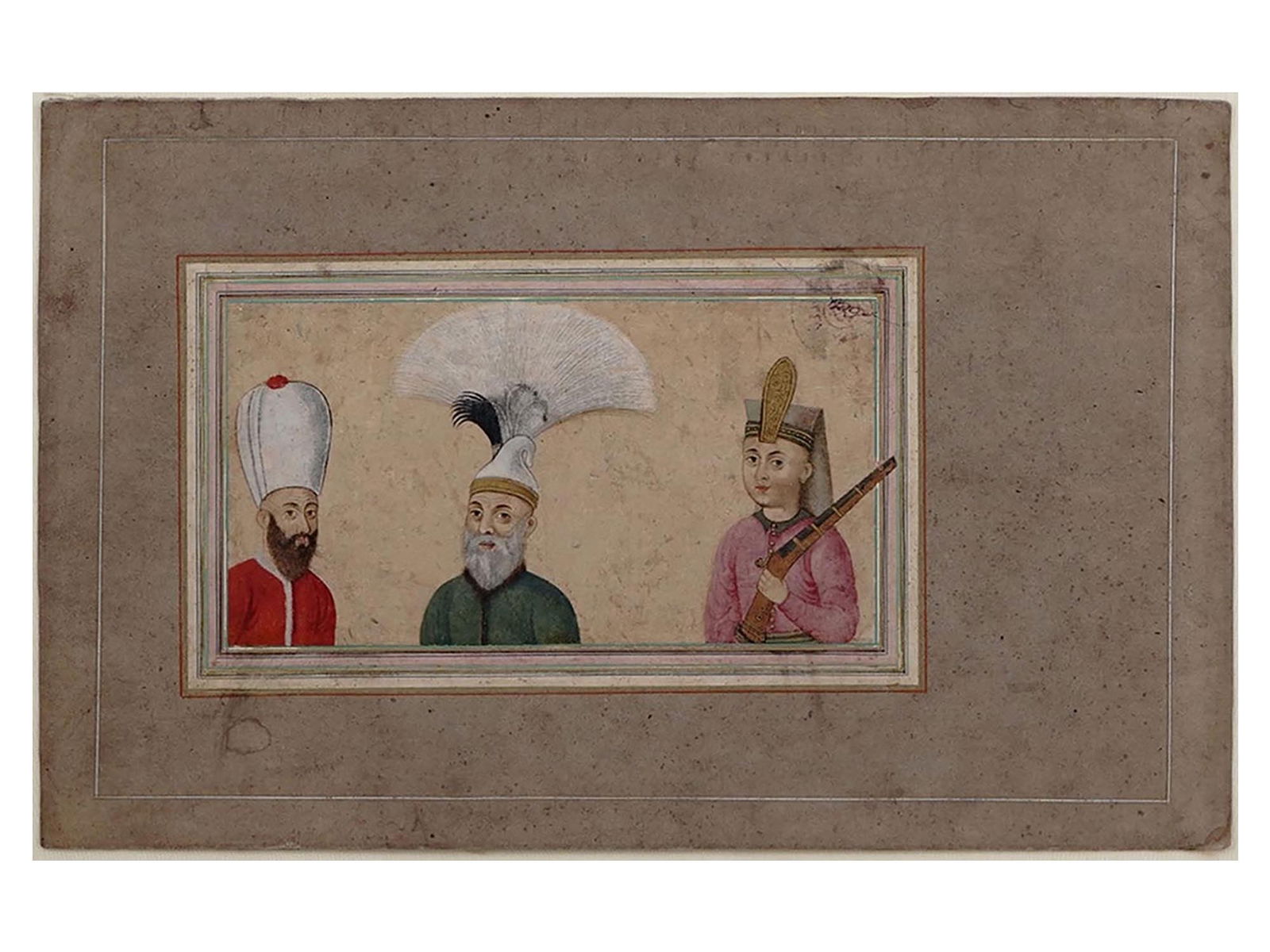A TURKISH (OTTOMAN) COLORED ETCHING OF THREE JANISSARIES, 18TH CEN.: A miniature depicting three Ottoman dignitaries, Turkey, Ottoman period, 18th century. Hand-colored and stamped etching. On a monochromatic background of cream color, depicted half-length, three Turki