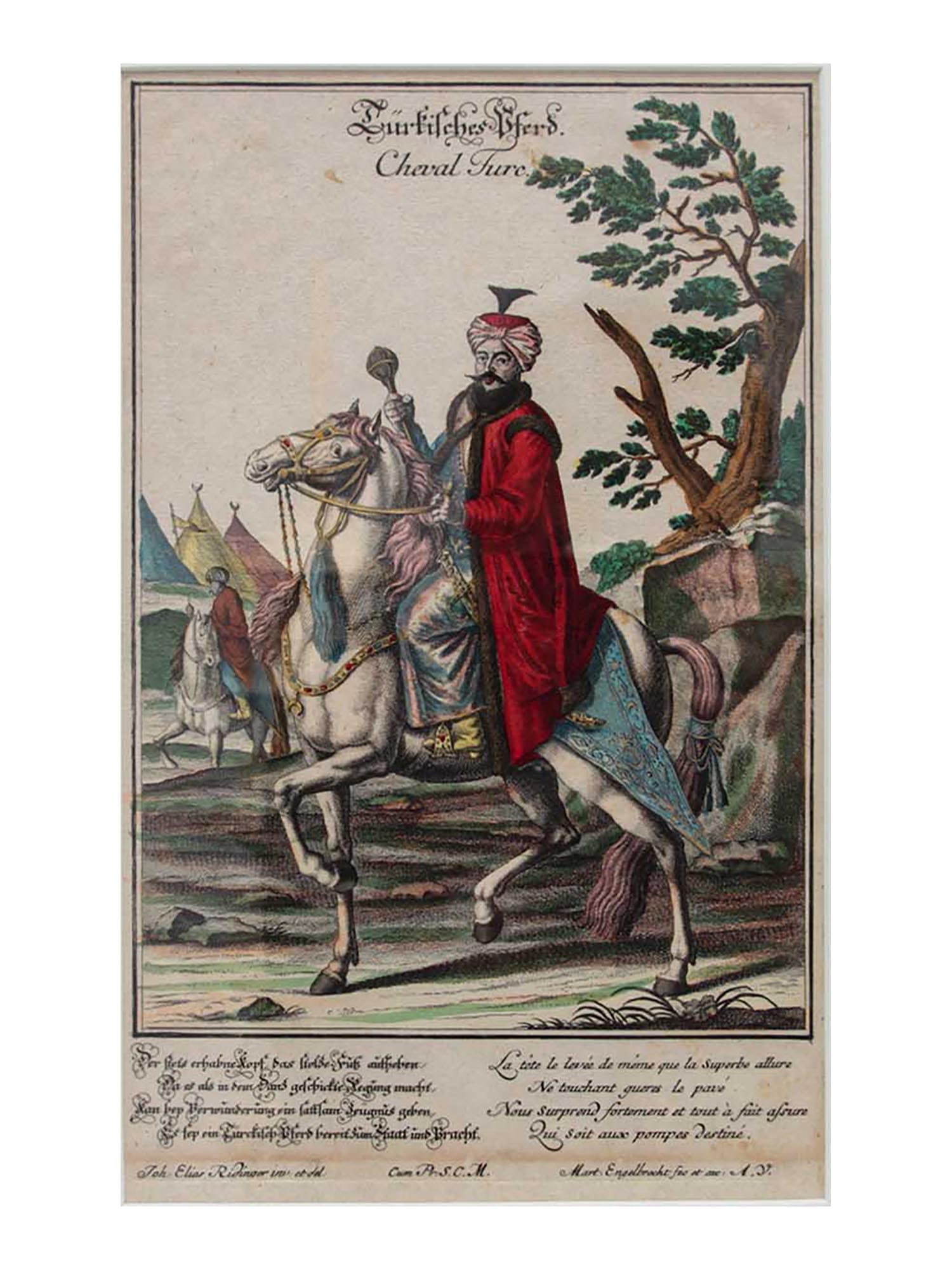 A GERMAN HAND-COLORED ENGRAVING OF AN OTTOMAN HORSEMAN, "TÜRKISCHES PFERD / CHEVAL TURC" (1 of 2)