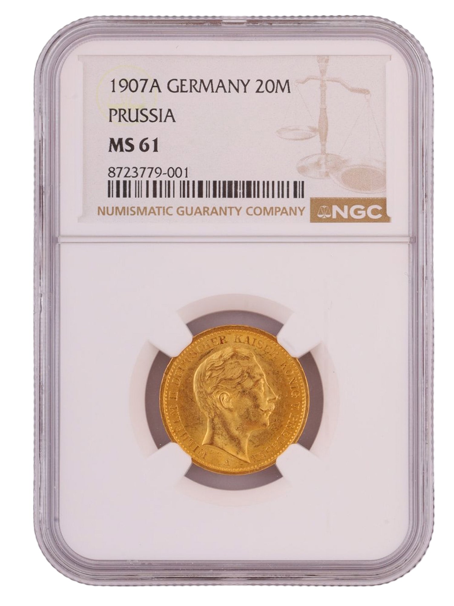 A GERMAN EMPIRE, PRUSSIA, 20 MARK GOLD COIN, 1907 A, WILHELM II, MS-61: German Empire, Kingdom of Prussia. A gold 20 Mark coin, dated 1907, mintmark A for Berlin. Obverse with the right-facing portrait of Kaiser Wilhelm II, legend WILHELM II DEUTSCHER KAISER KÖNIG V. PRE