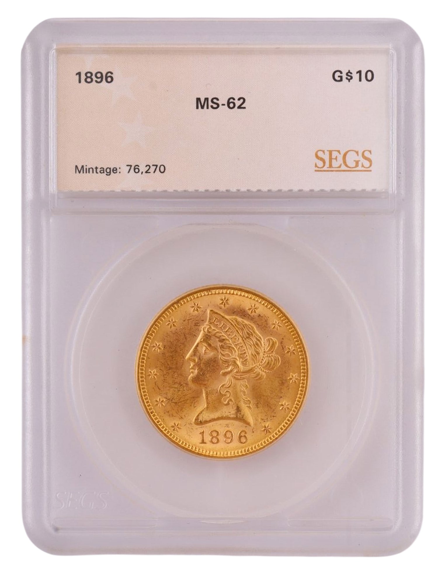A UNITED STATES LIBERTY HEAD EAGLE $10 GOLD COIN, 1896, PHILADELPHIA MINT, MS-62 (1 of 4)