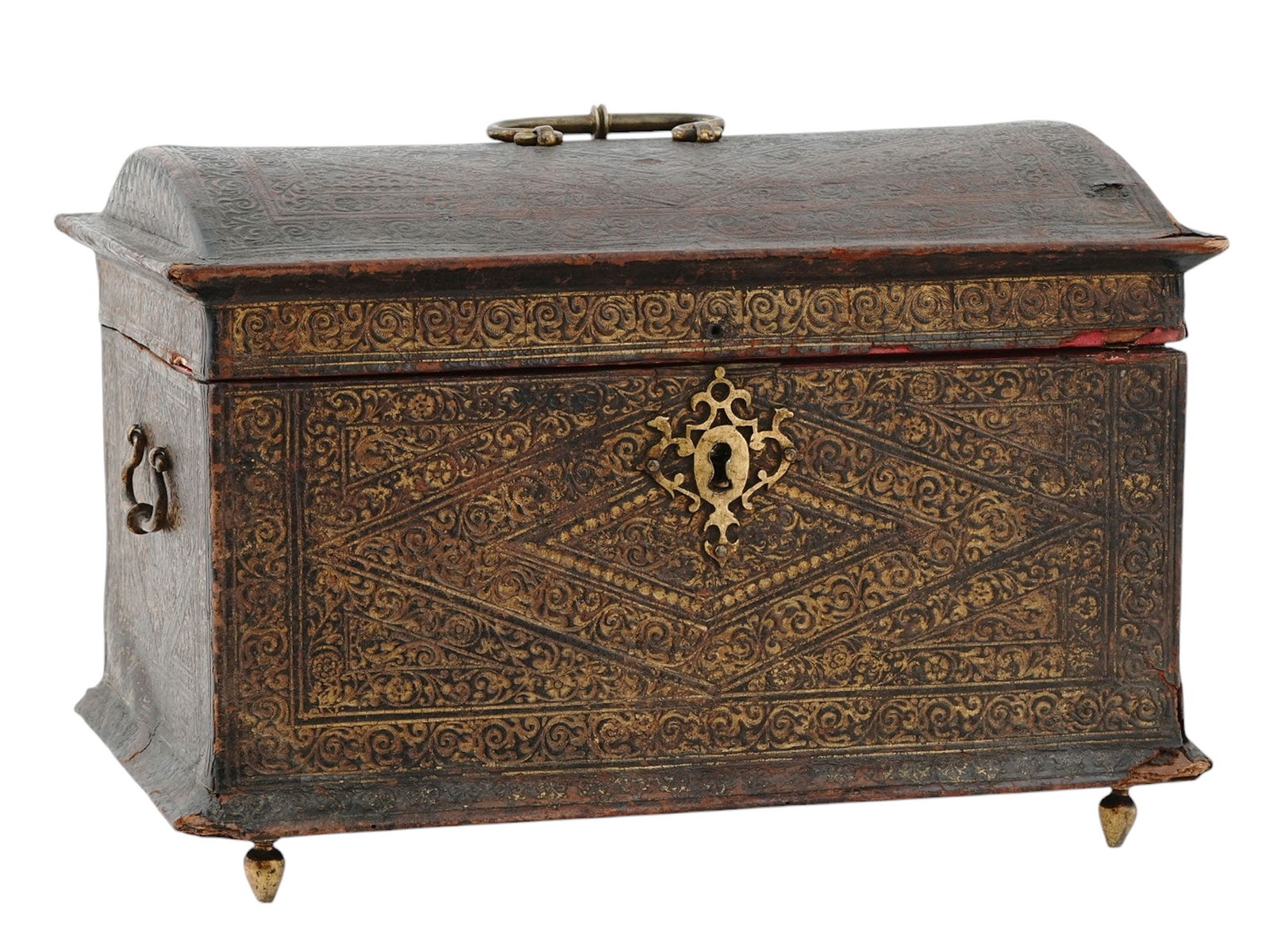 A 17TH CENTURY ANTWERP, FLEMISH LEATHER COIN CHEST, GILT LEATHER CASKET (1 of 6)
